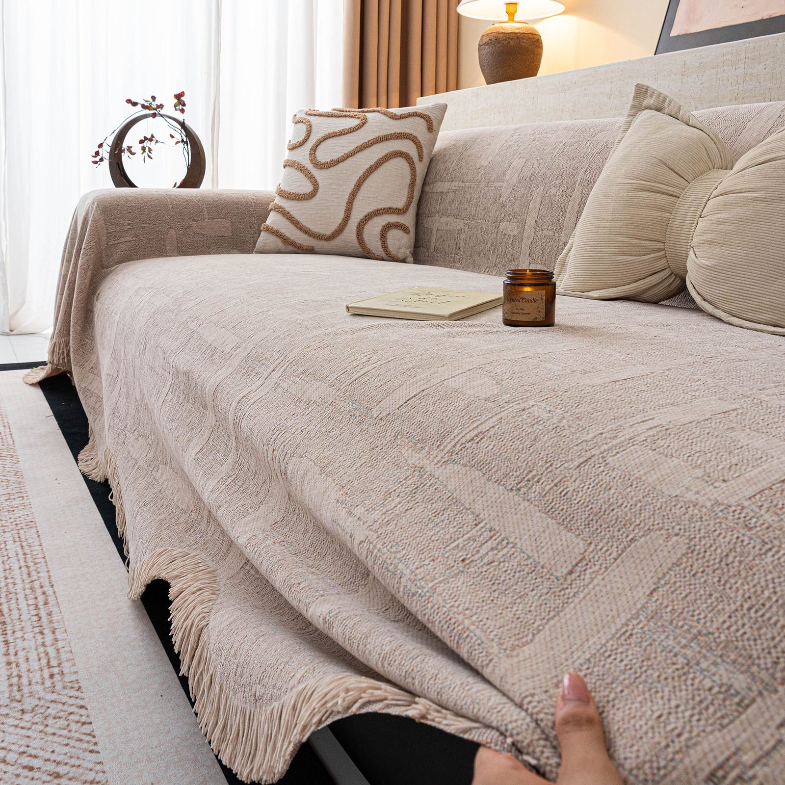 Chenille Sofa Cover Throw Blanket, Woven Textured Minimalist Wabi-Sabi Couch Cover