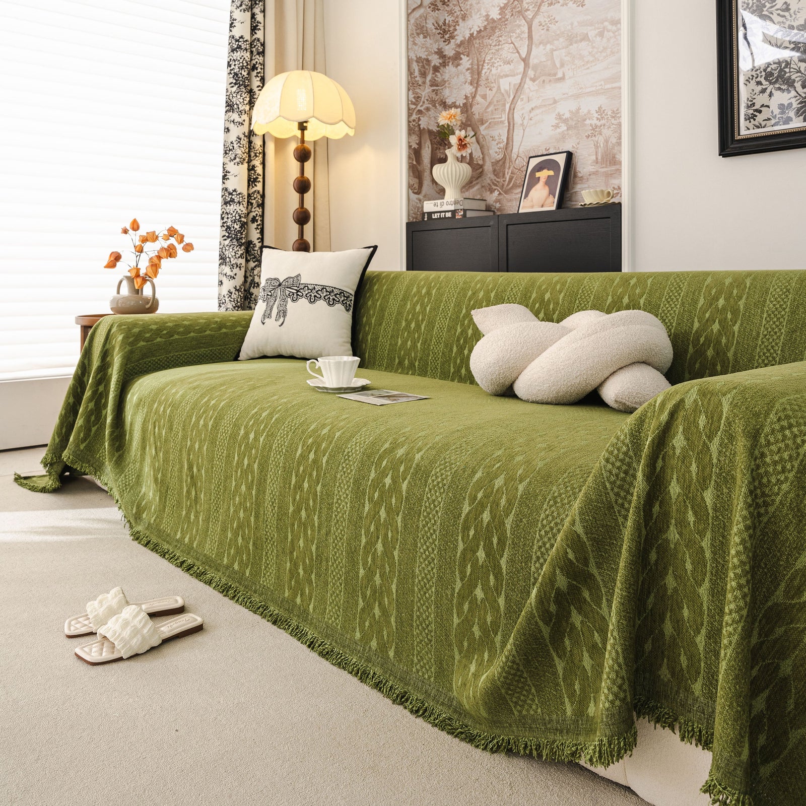 Sofa Cover Blanket Throw with Tassels, Decorative Furniture Protector for Dogs/Pets