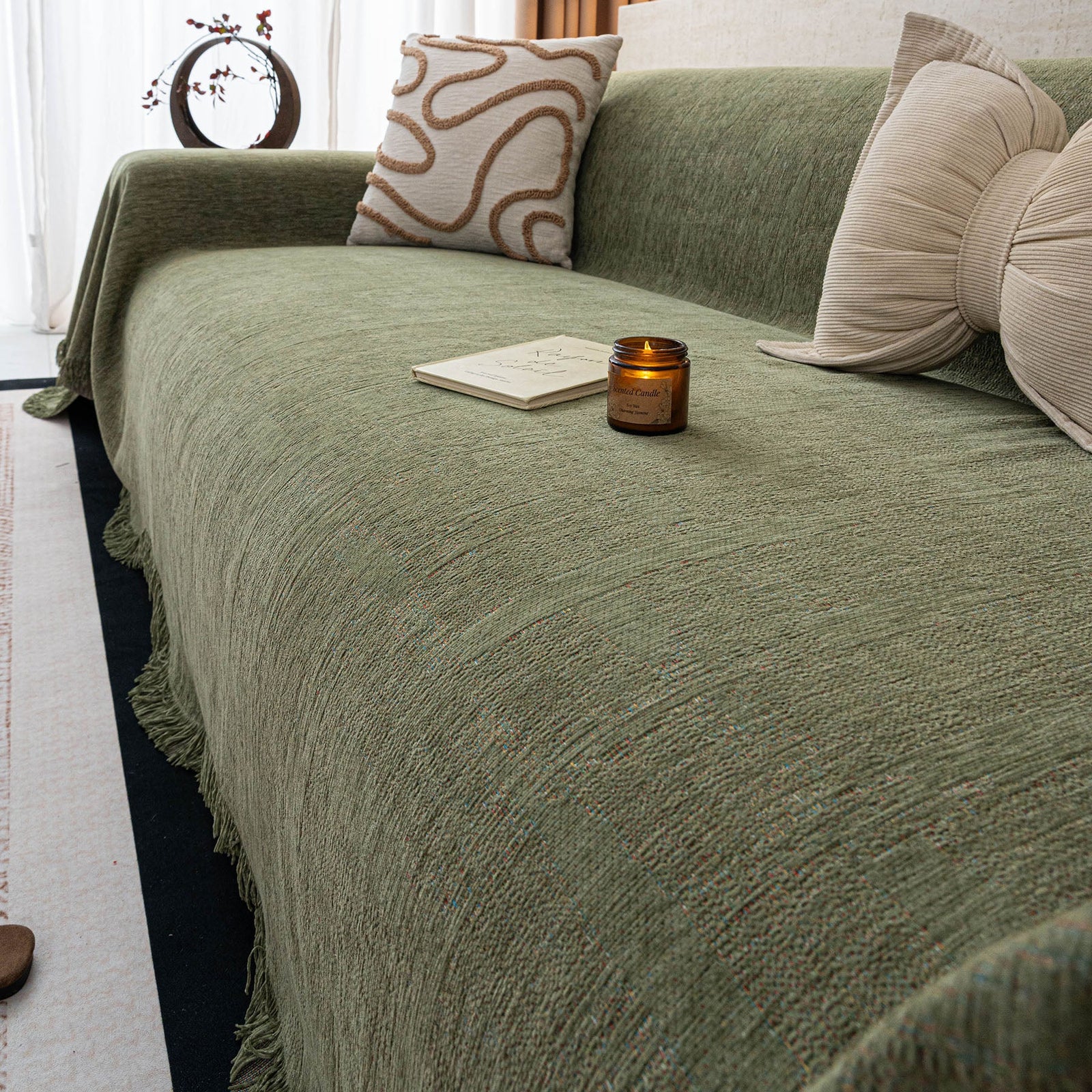 Chenille Sofa Cover Throw Blanket, Woven Textured Minimalist Wabi-Sabi Couch Cover