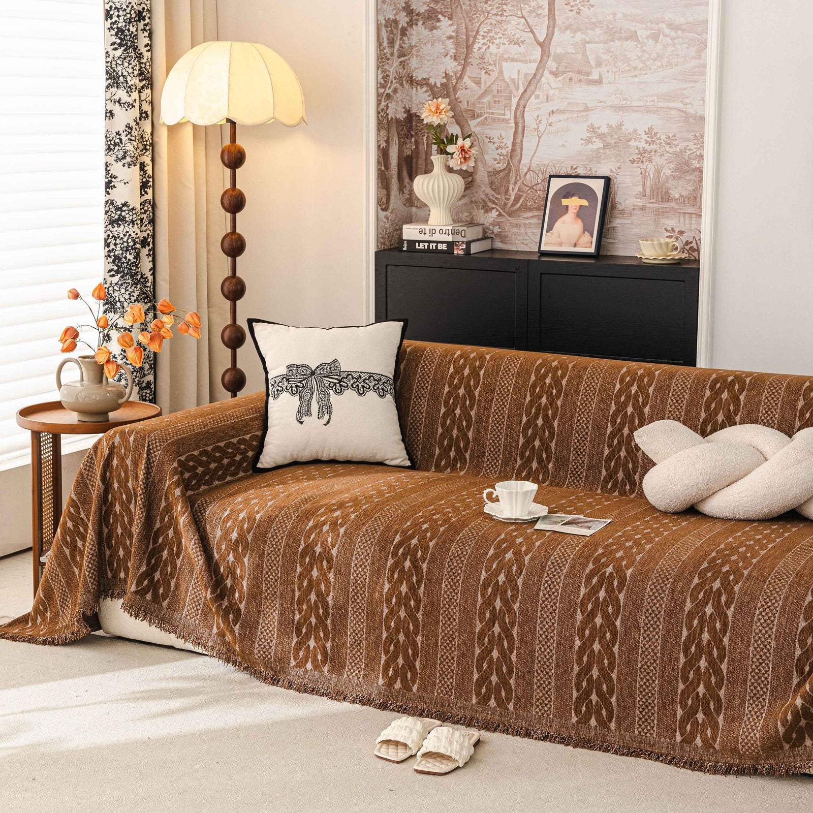 Sofa Cover Blanket Throw with Tassels, Decorative Furniture Protector for Dogs/Pets