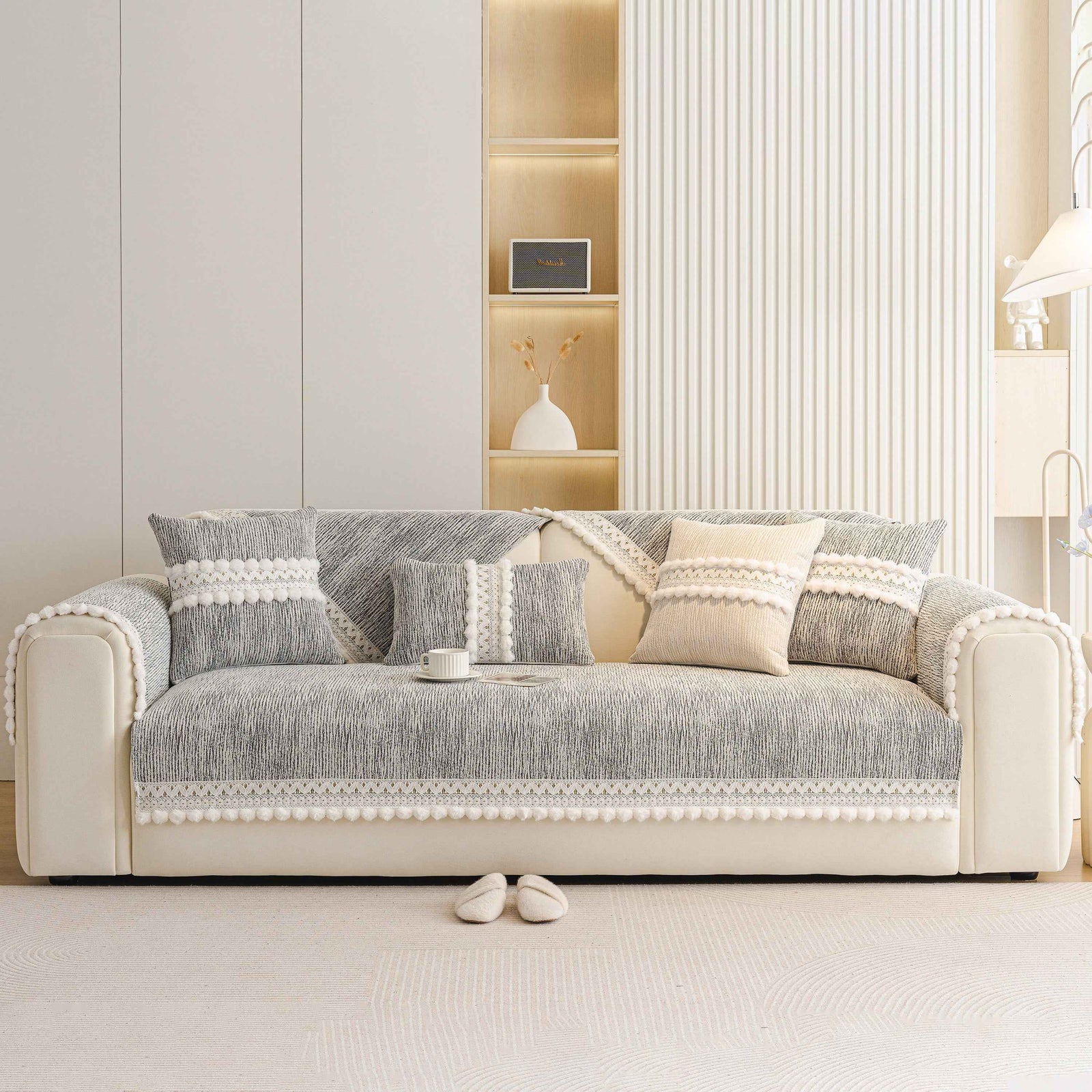 Soft Chenille Sectional Sofa Cover with Pom Pom Trim – Non-Slip Couch Protector