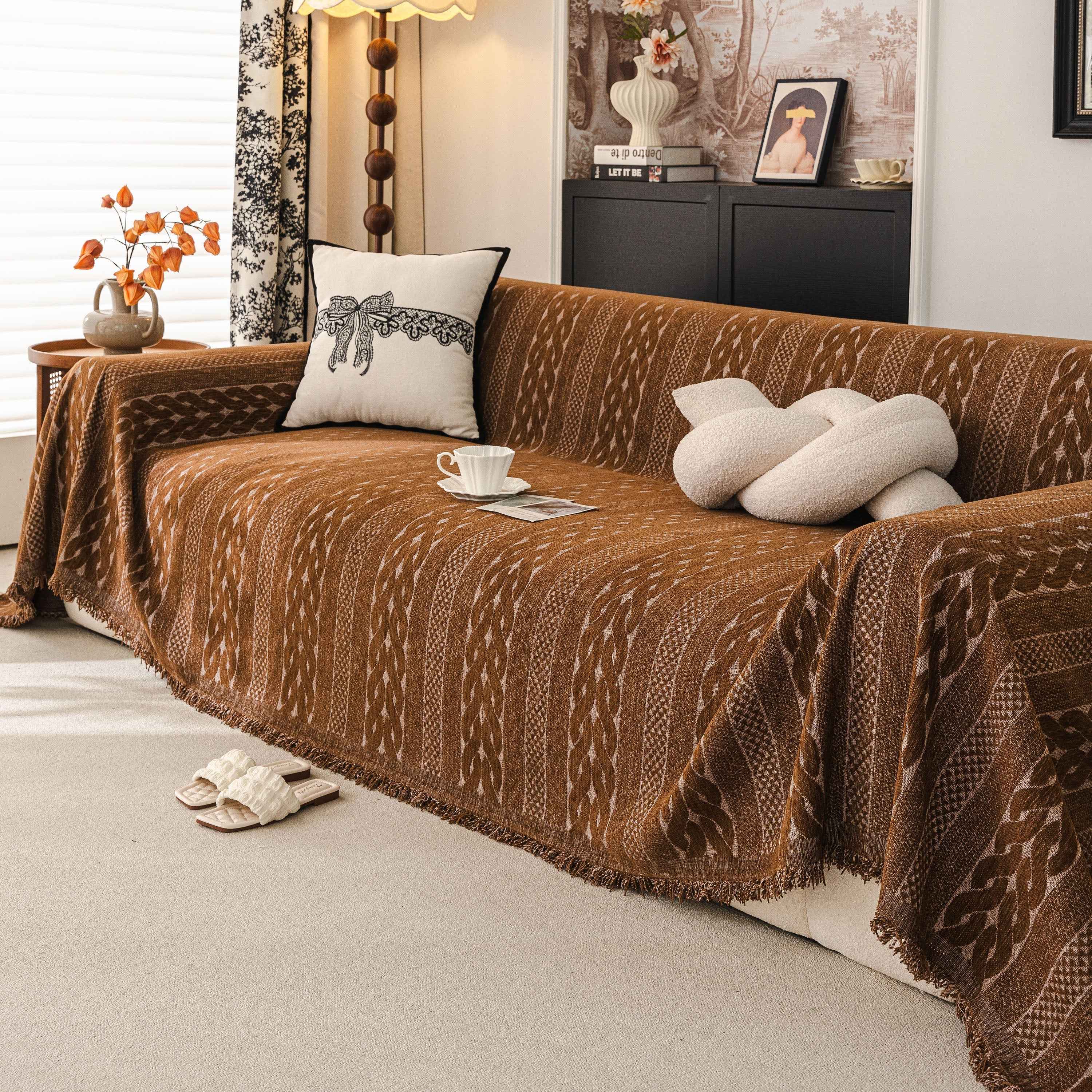 Sofa Cover Blanket Throw with Tassels, Decorative Furniture Protector for Dogs/Pets