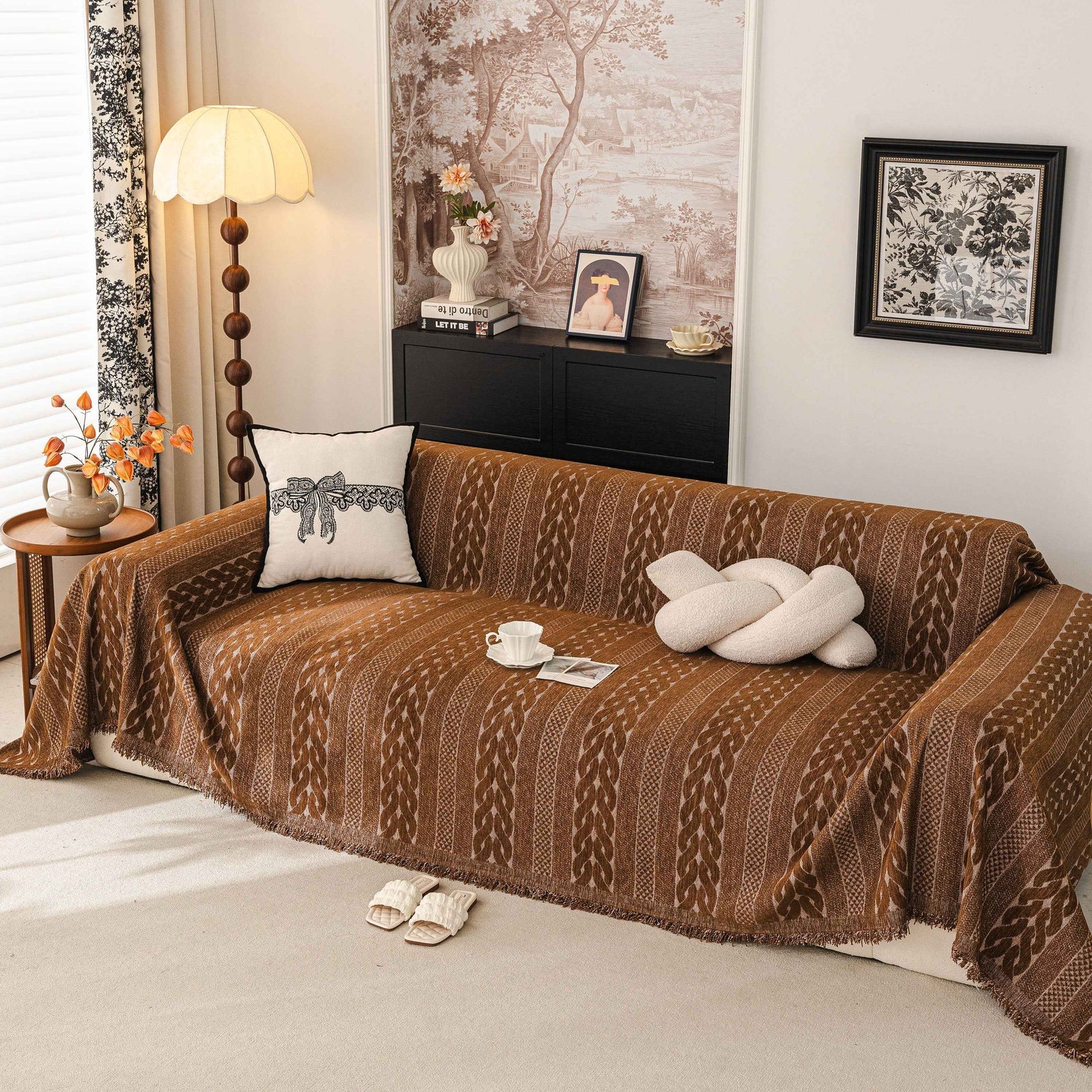 Sofa Cover Blanket Throw with Tassels, Decorative Furniture Protector for Dogs/Pets