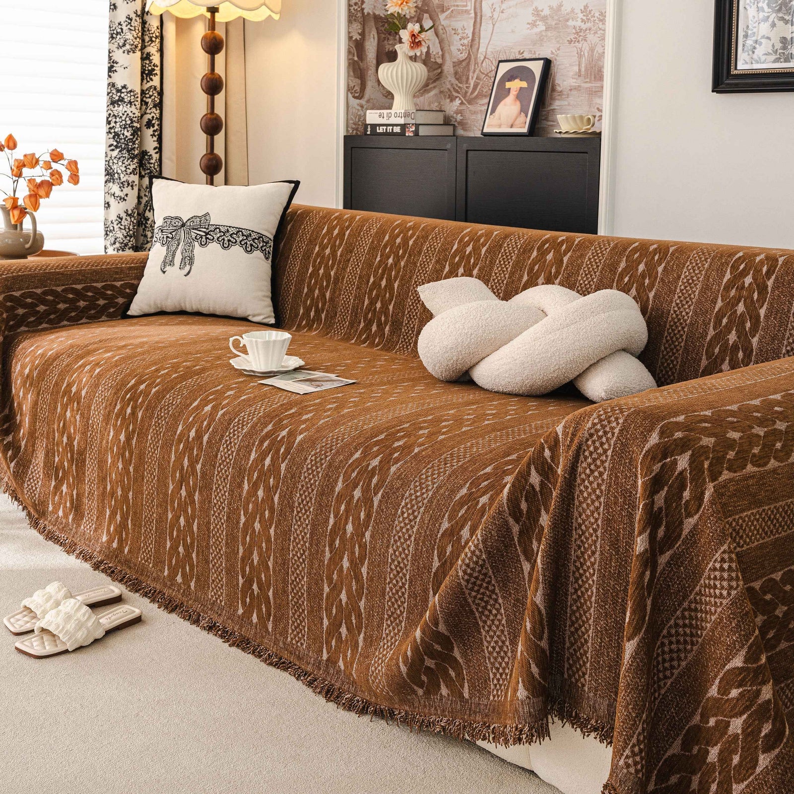 Sofa Cover Blanket Throw with Tassels, Decorative Furniture Protector for Dogs/Pets
