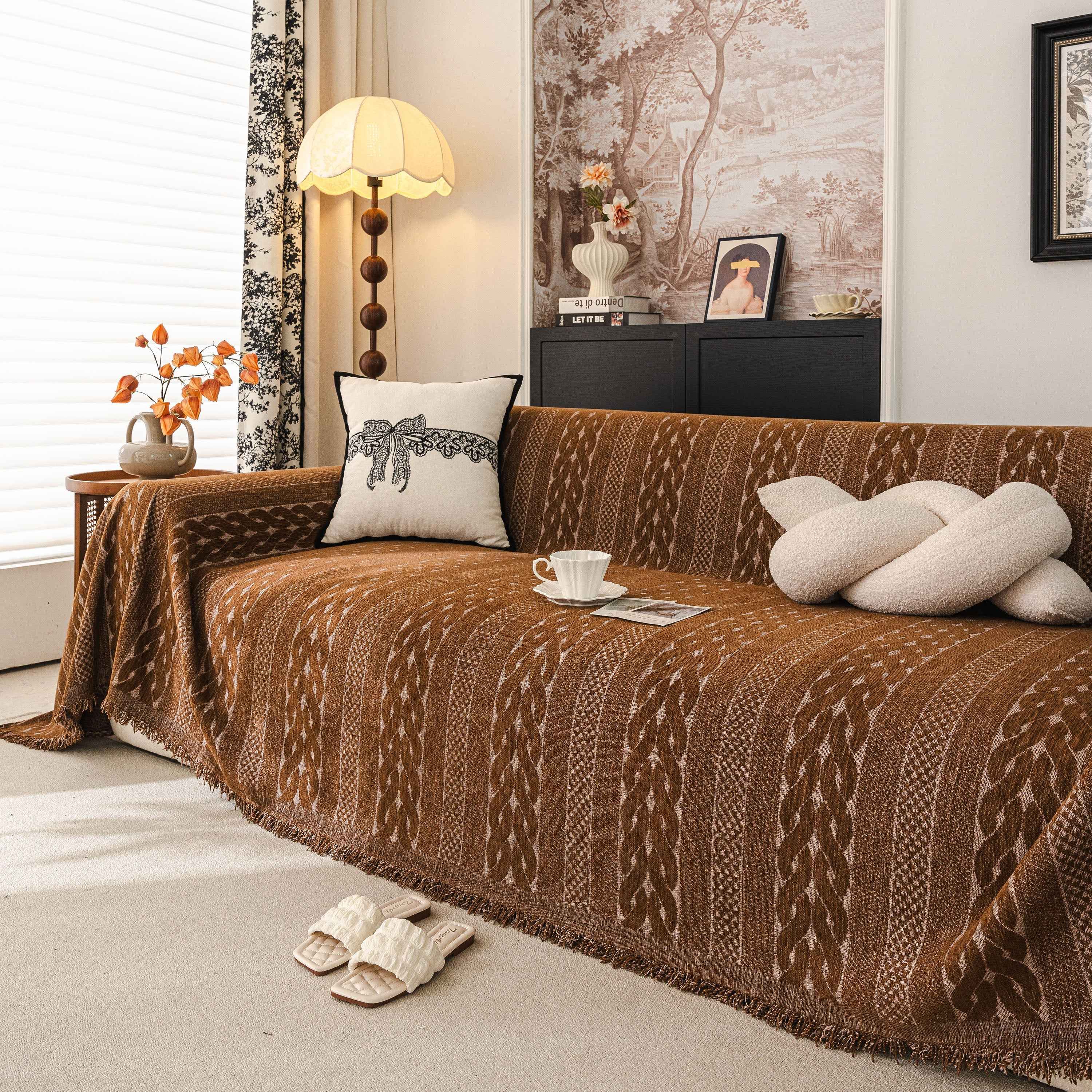 Sofa Cover Blanket Throw with Tassels, Decorative Furniture Protector for Dogs/Pets