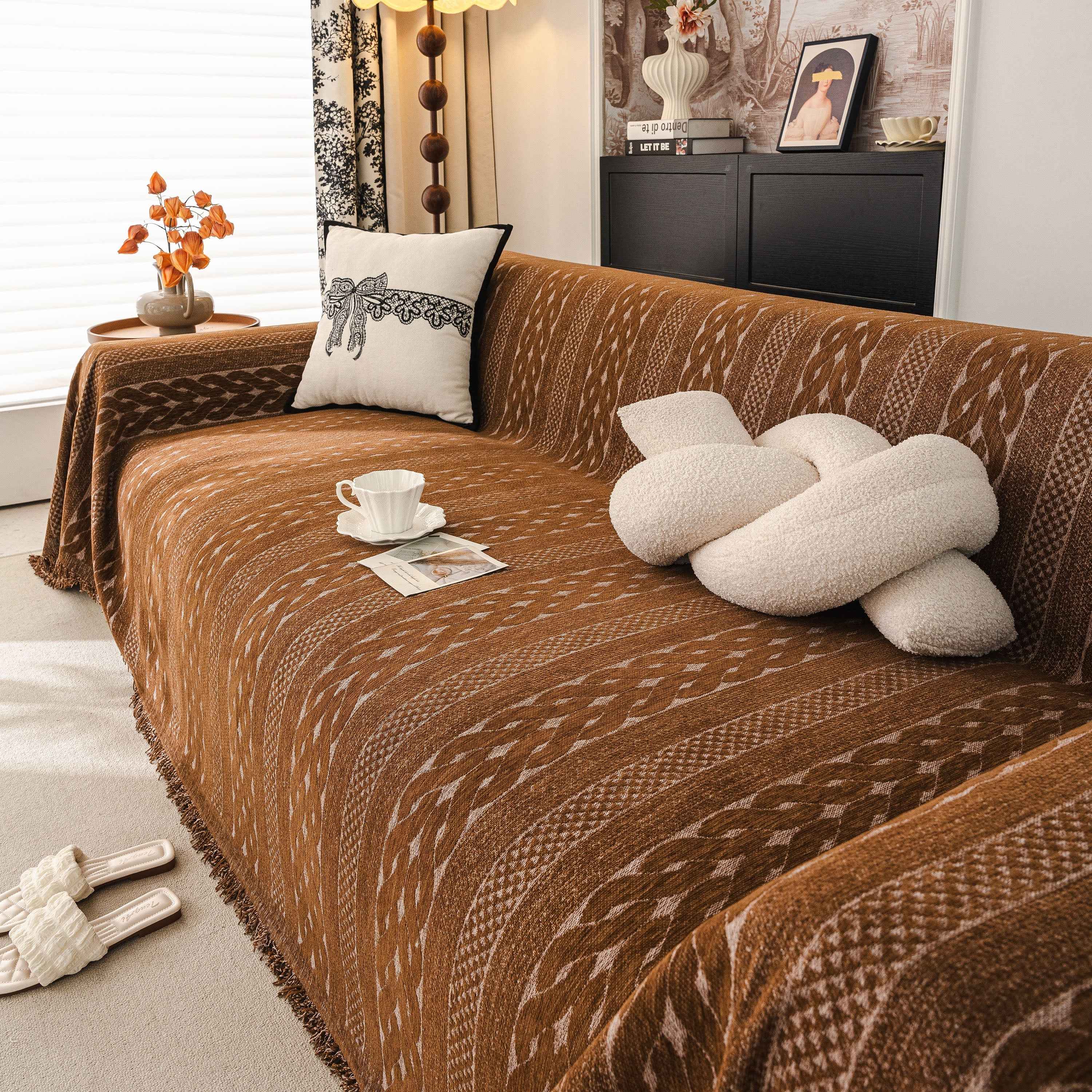 Sofa Cover Blanket Throw with Tassels, Decorative Furniture Protector for Dogs/Pets