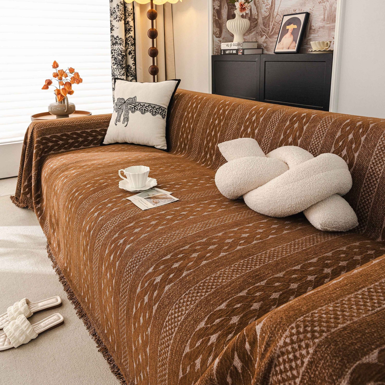Sofa Cover Blanket Throw with Tassels, Decorative Furniture Protector for Dogs/Pets