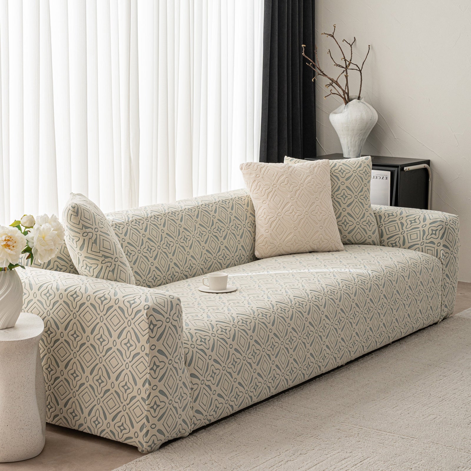 3D Jacquard Geometric Sofa Cover, High Stretch Soft Polar Fleece Slipcover for Couch