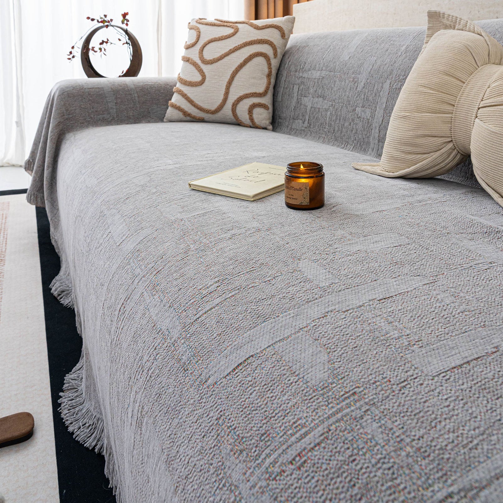 Chenille Sofa Cover Throw Blanket, Woven Textured Minimalist Wabi-Sabi Couch Cover