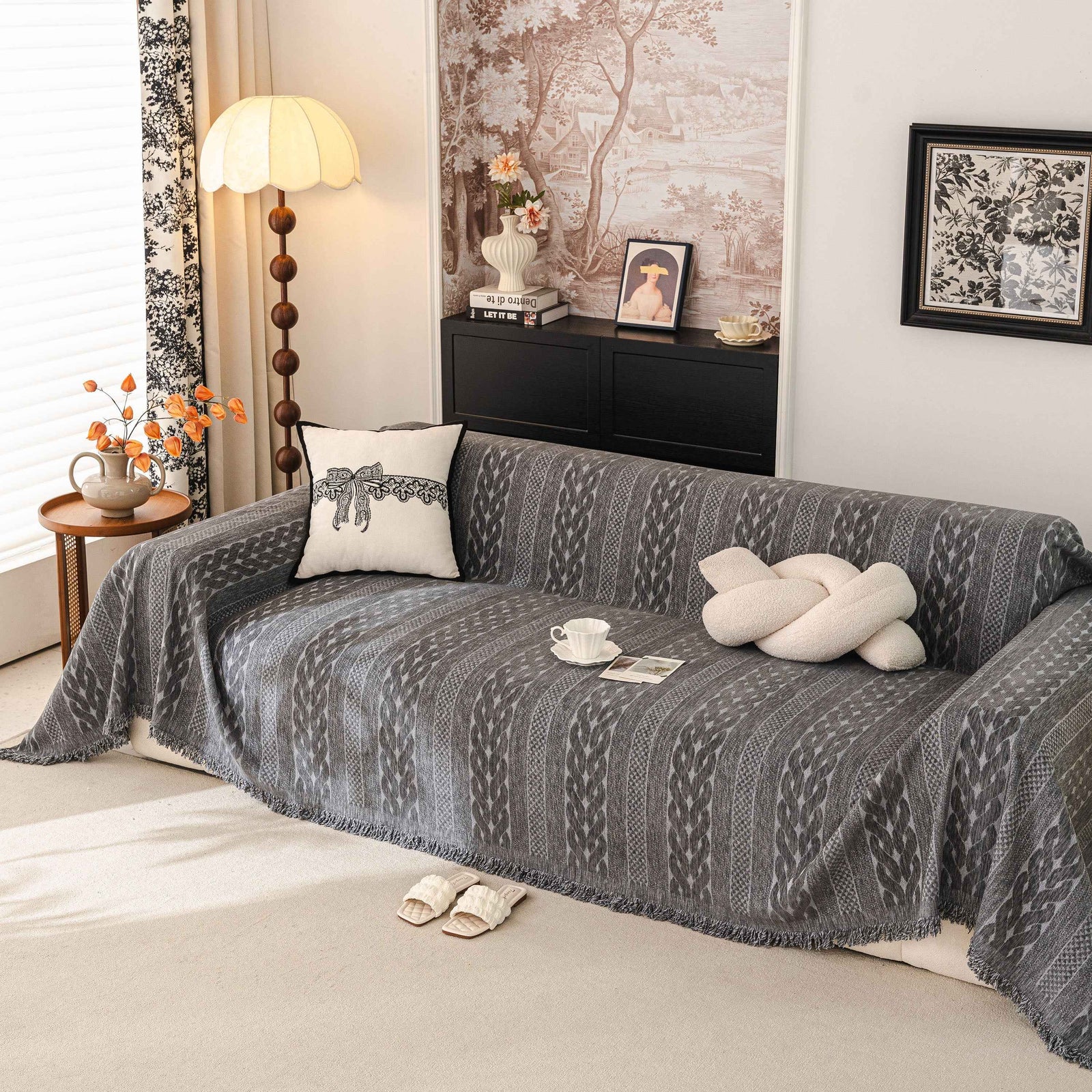 Sofa Cover Blanket Throw with Tassels, Decorative Furniture Protector for Dogs/Pets