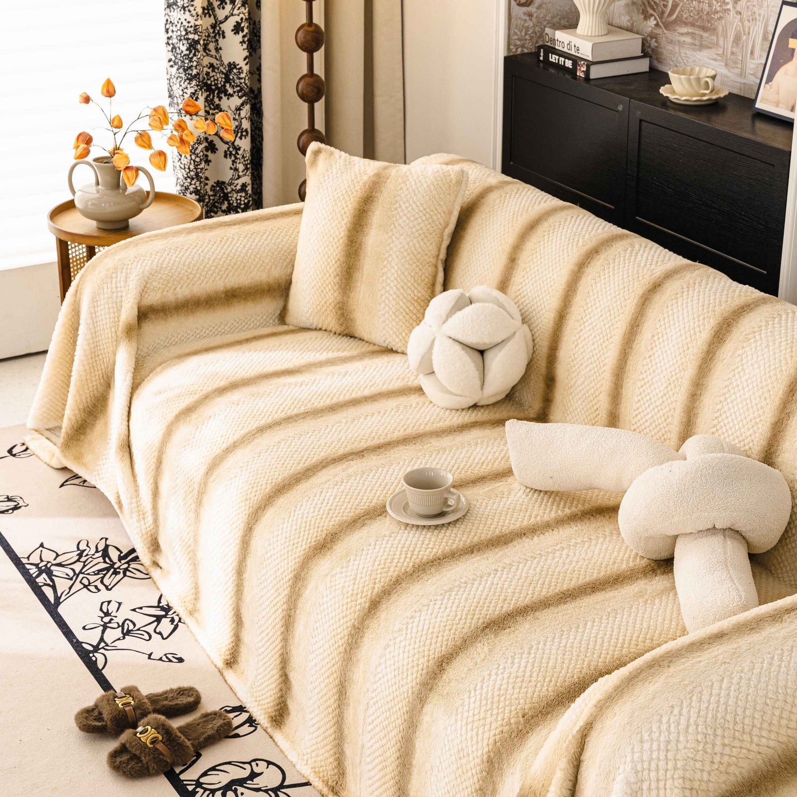 Faux Fur Sofa Cover Washable Furniture Protector for Sectional Warm & Fuzzy Slipcover