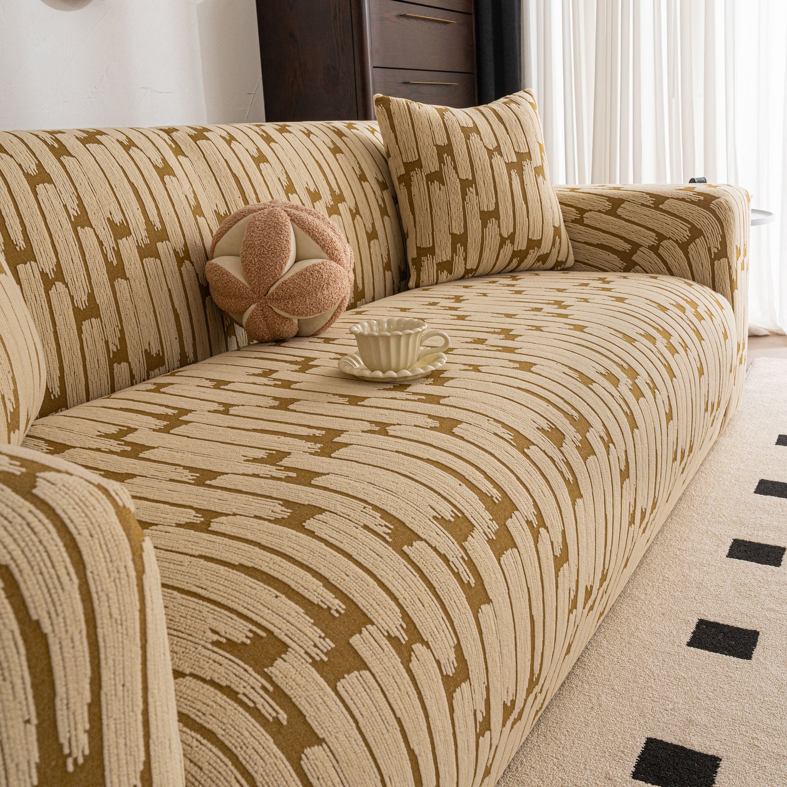 Plush Fleece Stretch Sofa Cover, Super Soft Textured Geometric Couch Slipcover