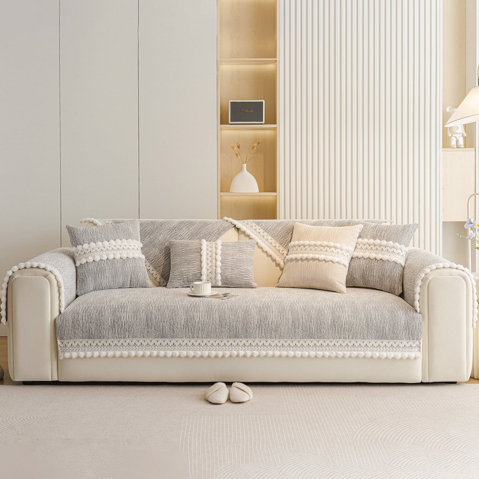 Soft Chenille Sectional Sofa Cover with Pom Pom Trim – Non-Slip Couch Protector