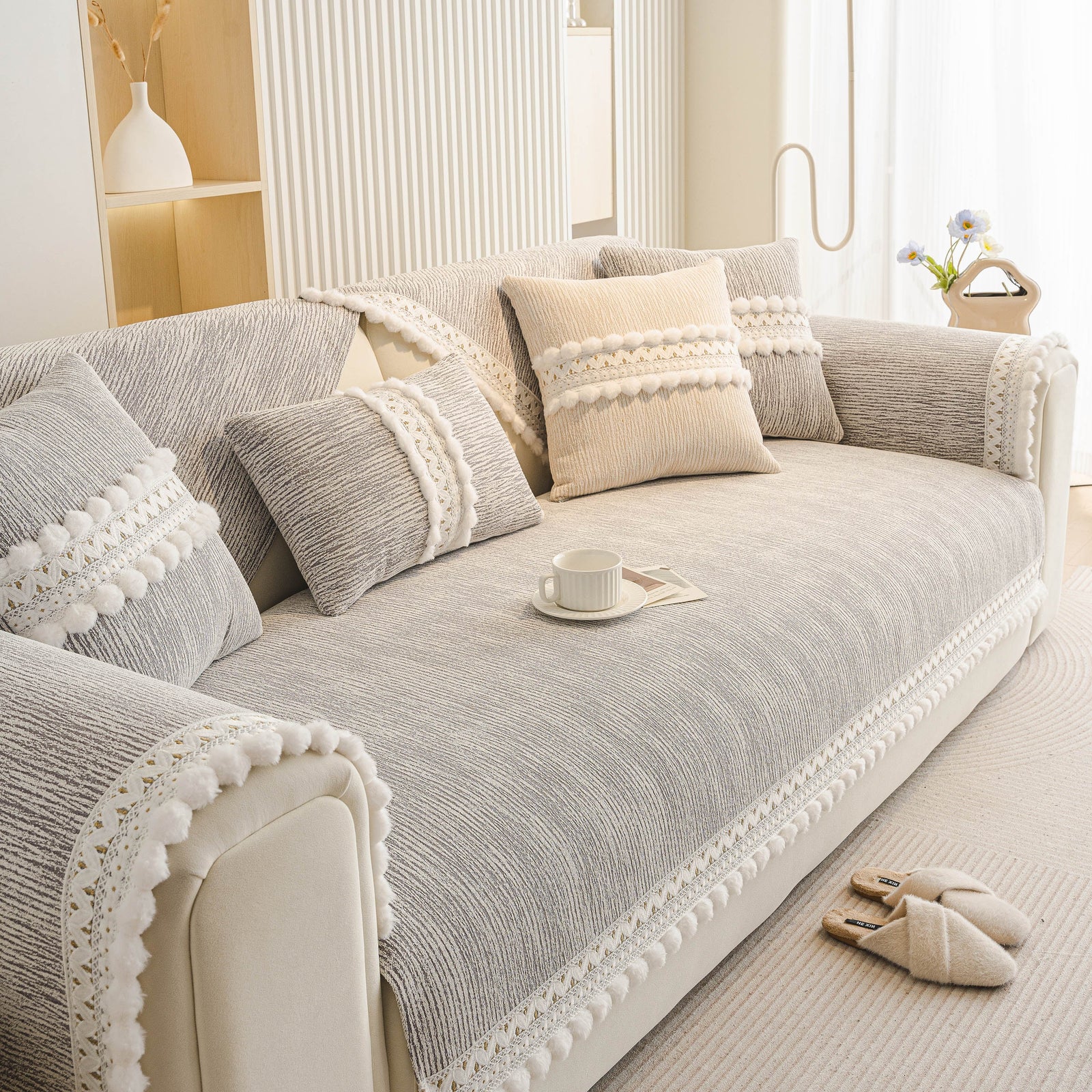 Soft Chenille Sectional Sofa Cover with Pom Pom Trim – Non-Slip Couch Protector