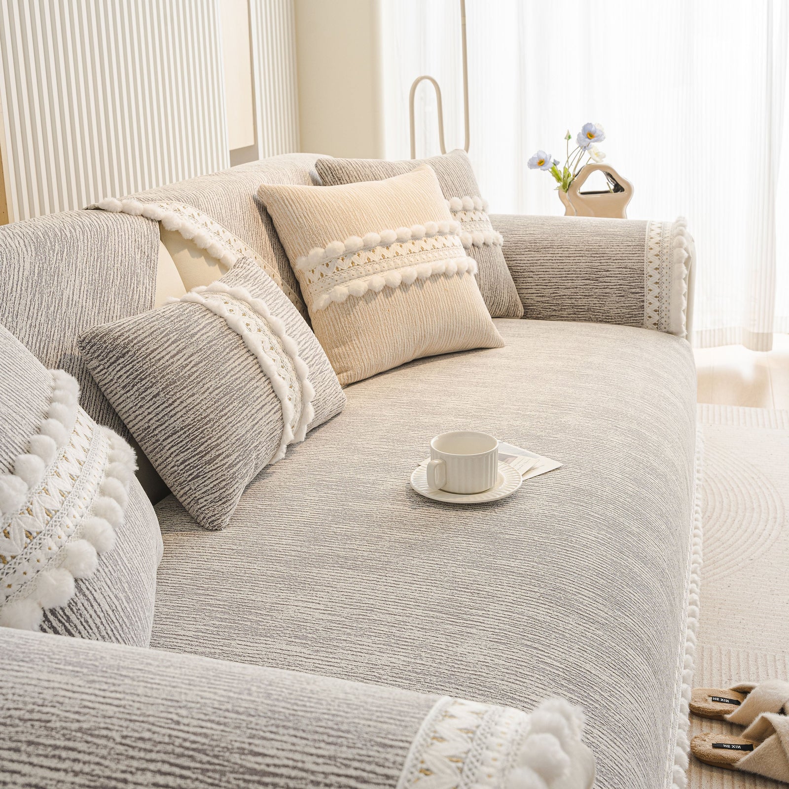 Soft Chenille Sectional Sofa Cover with Pom Pom Trim – Non-Slip Couch Protector