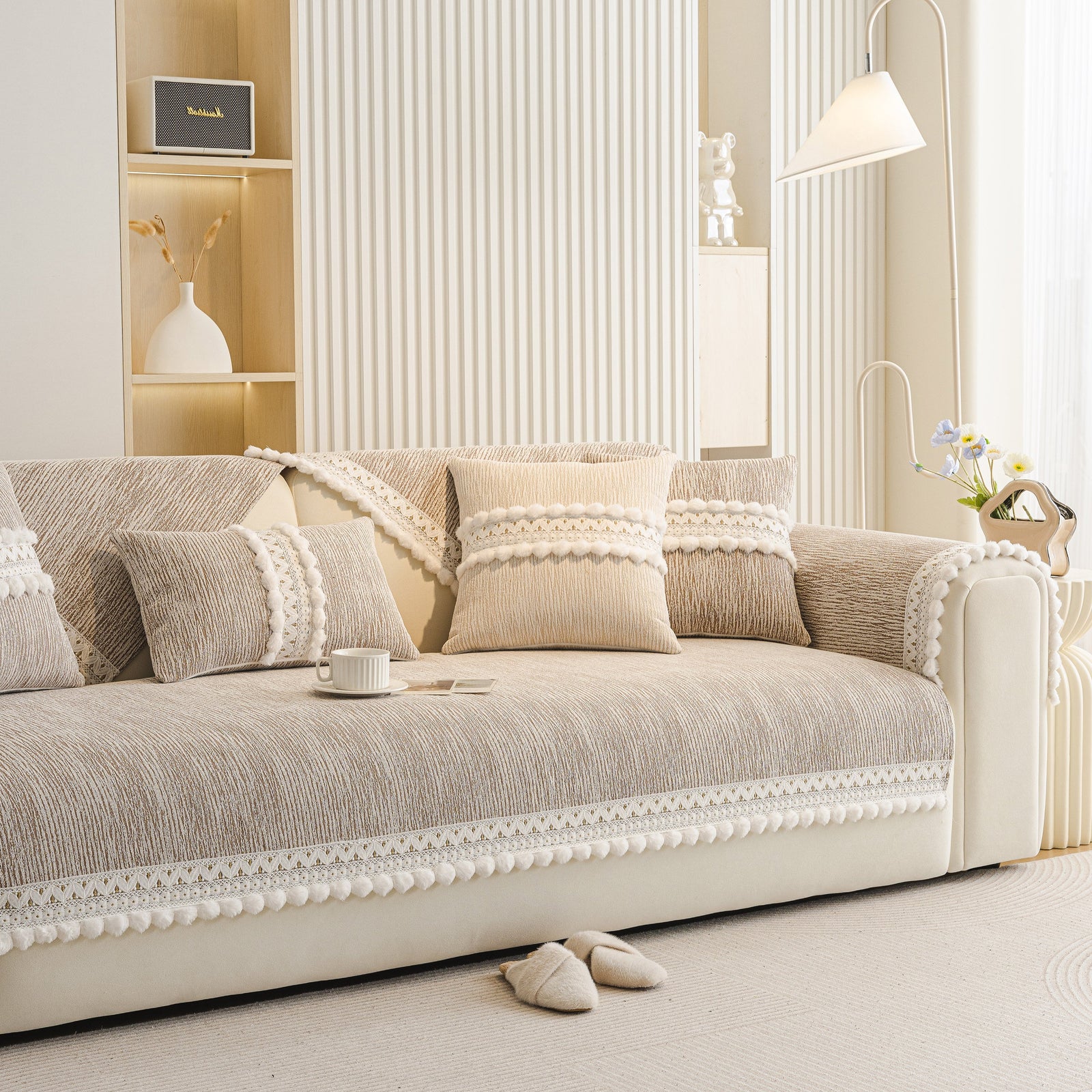 Soft Chenille Sectional Sofa Cover with Pom Pom Trim – Non-Slip Couch Protector