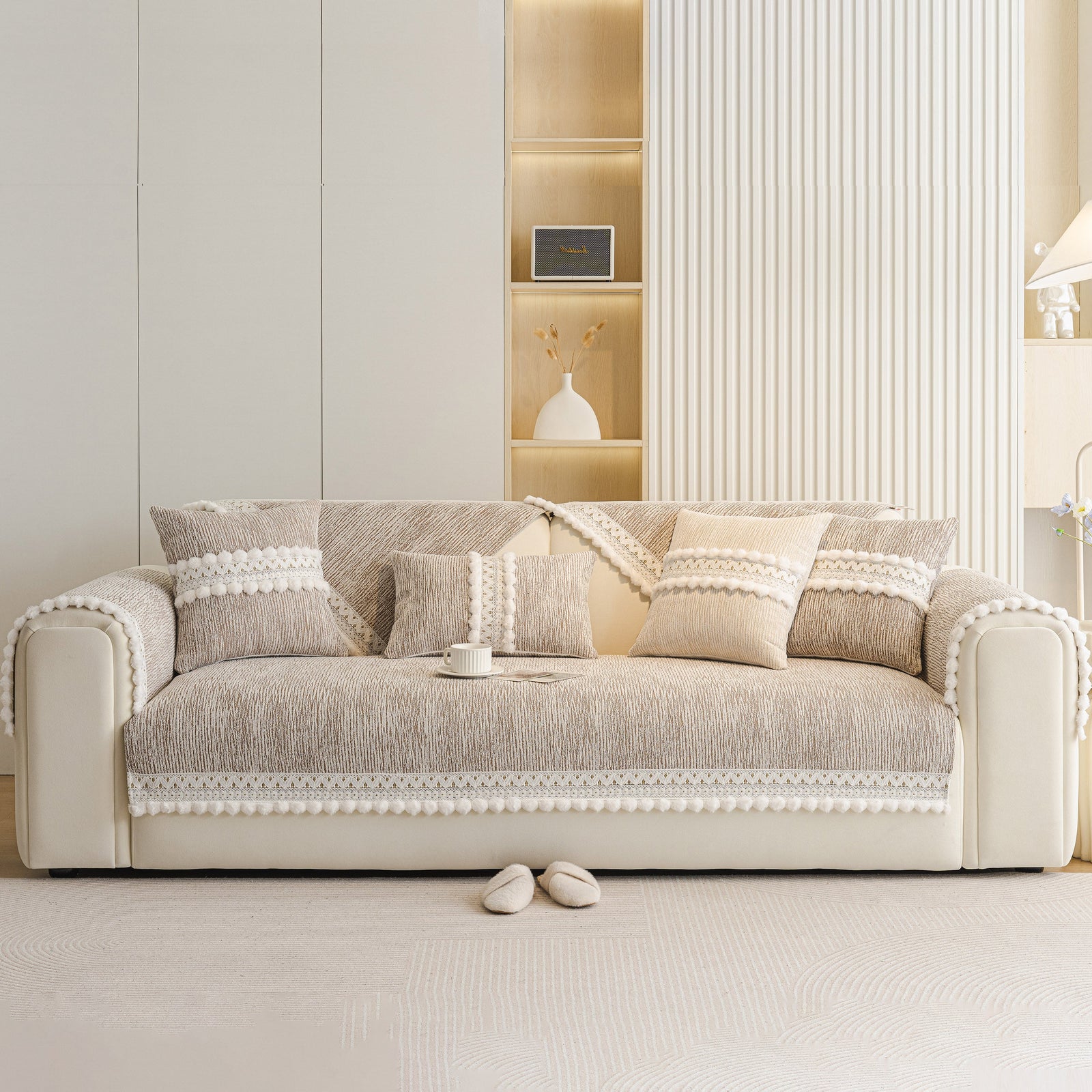 Soft Chenille Sectional Sofa Cover with Pom Pom Trim – Non-Slip Couch Protector