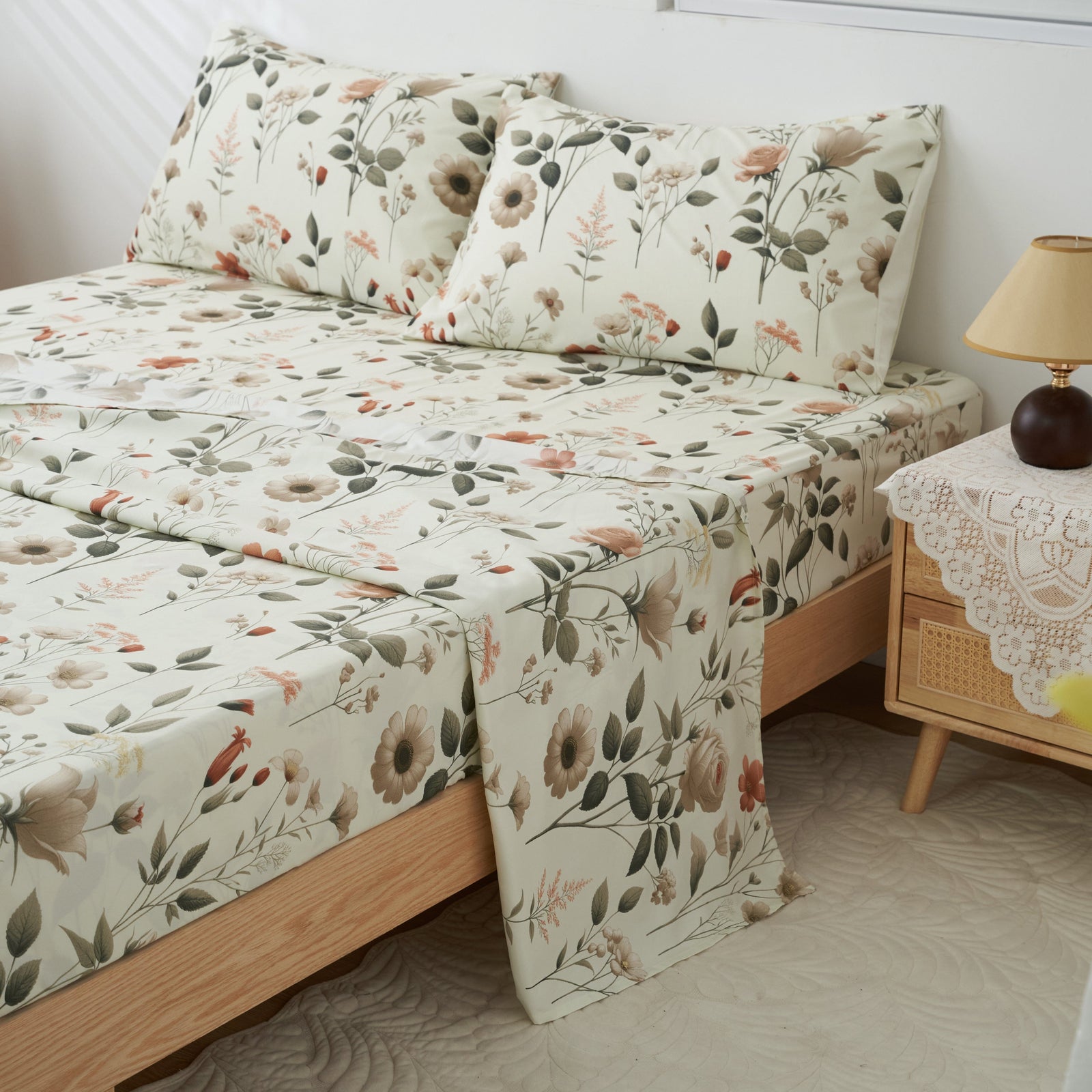 DaDalogy Enchanted Meadow Bed in a bag Set - Victoria Garden Delicate Floral Symphony in Beige, Rose, and Soft Green, Luxuriously Soft Quilted Set