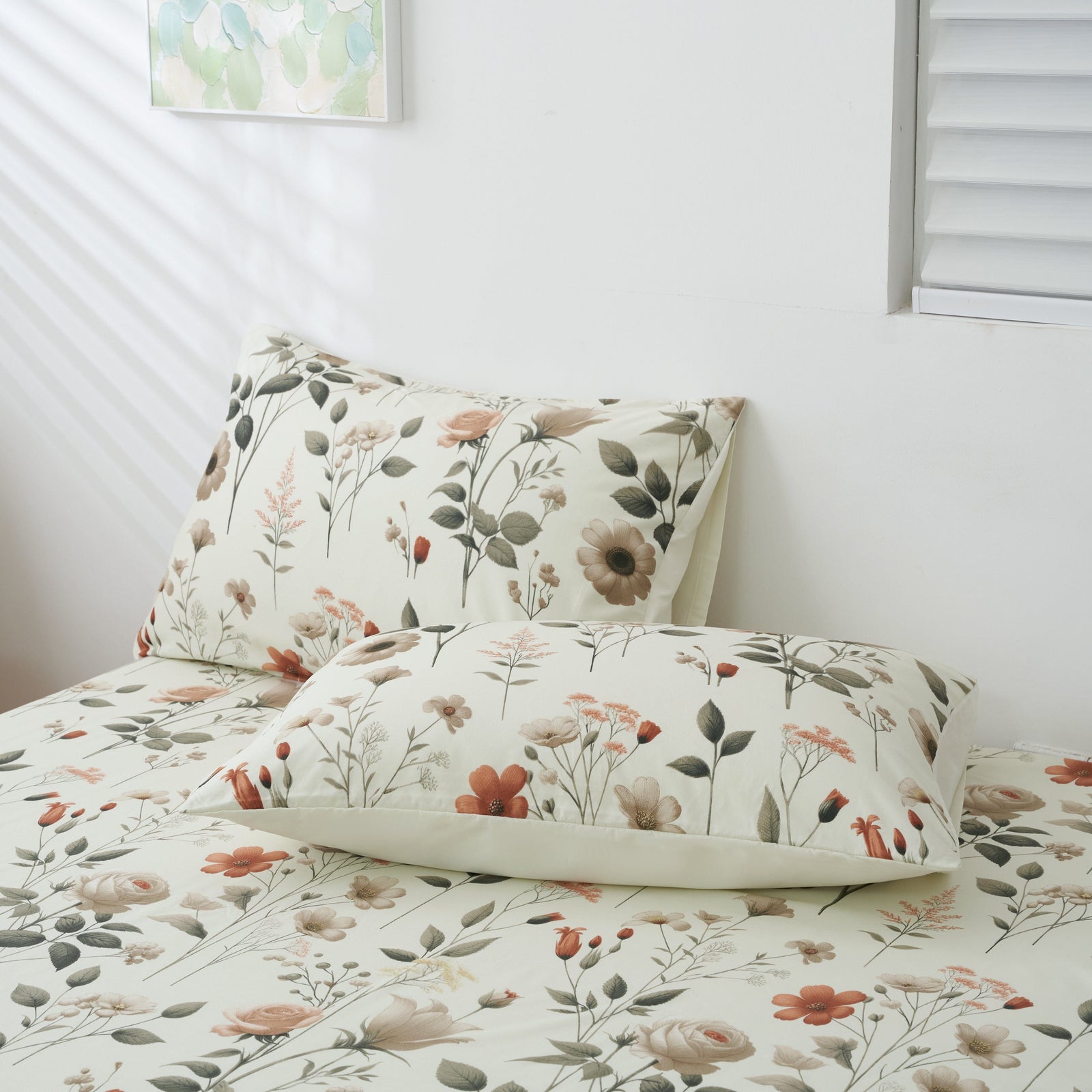 DaDalogy Enchanted Meadow Bed Sheet Set - Floral Harmony in Beige, Rose, and Soft Green, Premium Soft Microfiber, Machine Washable, Deep Pocket 14 - 15 Inches + Flat Sheet