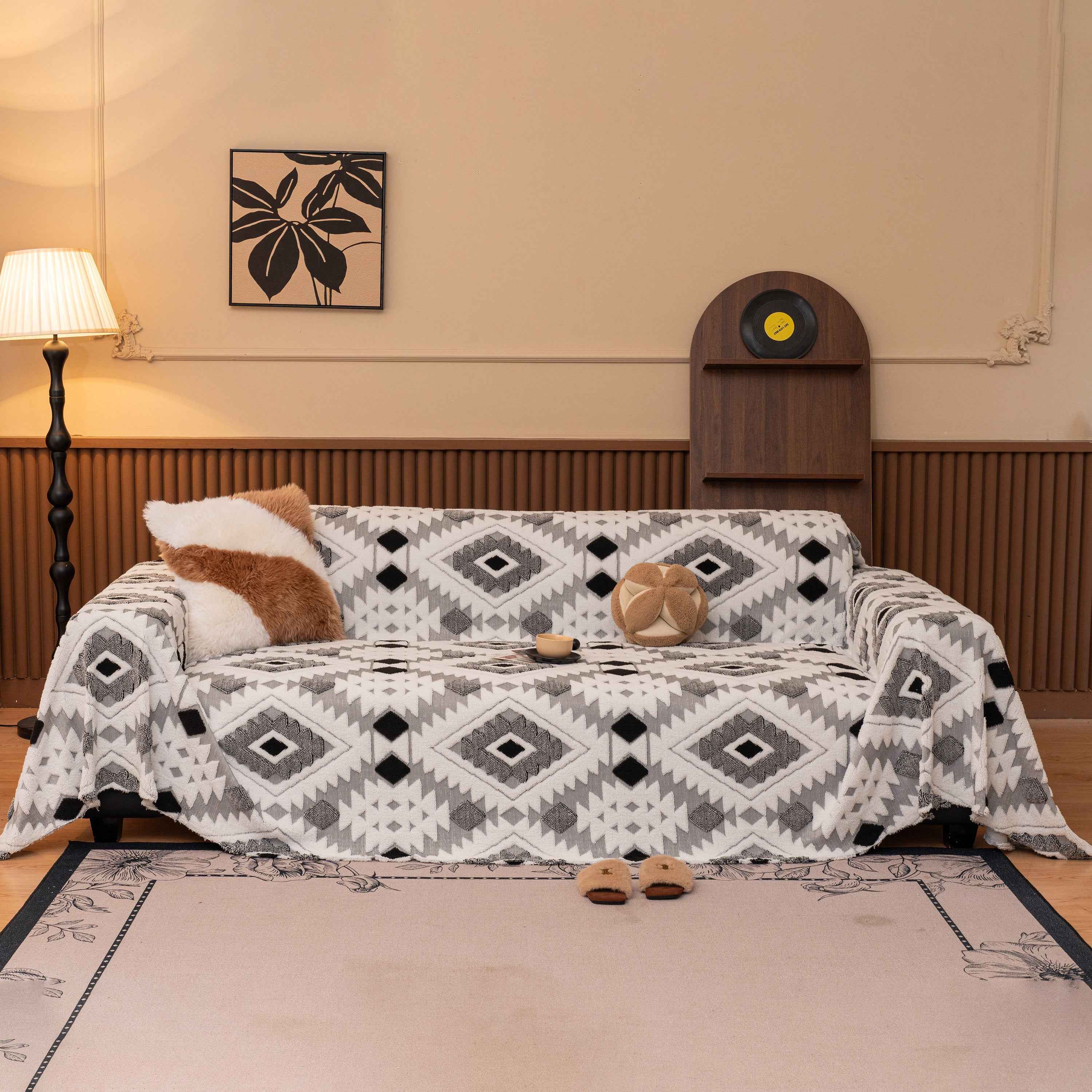 Bohemian Tufted Sofa Cover, Soft Sherpa Fleece Throw Blanket with 3D Aztec Geometric
