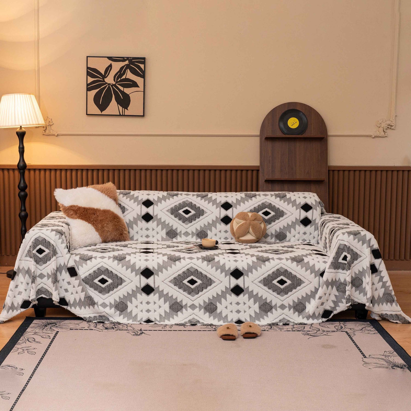 Bohemian Tufted Sofa Cover, Soft Sherpa Fleece Throw Blanket with 3D Aztec Geometric