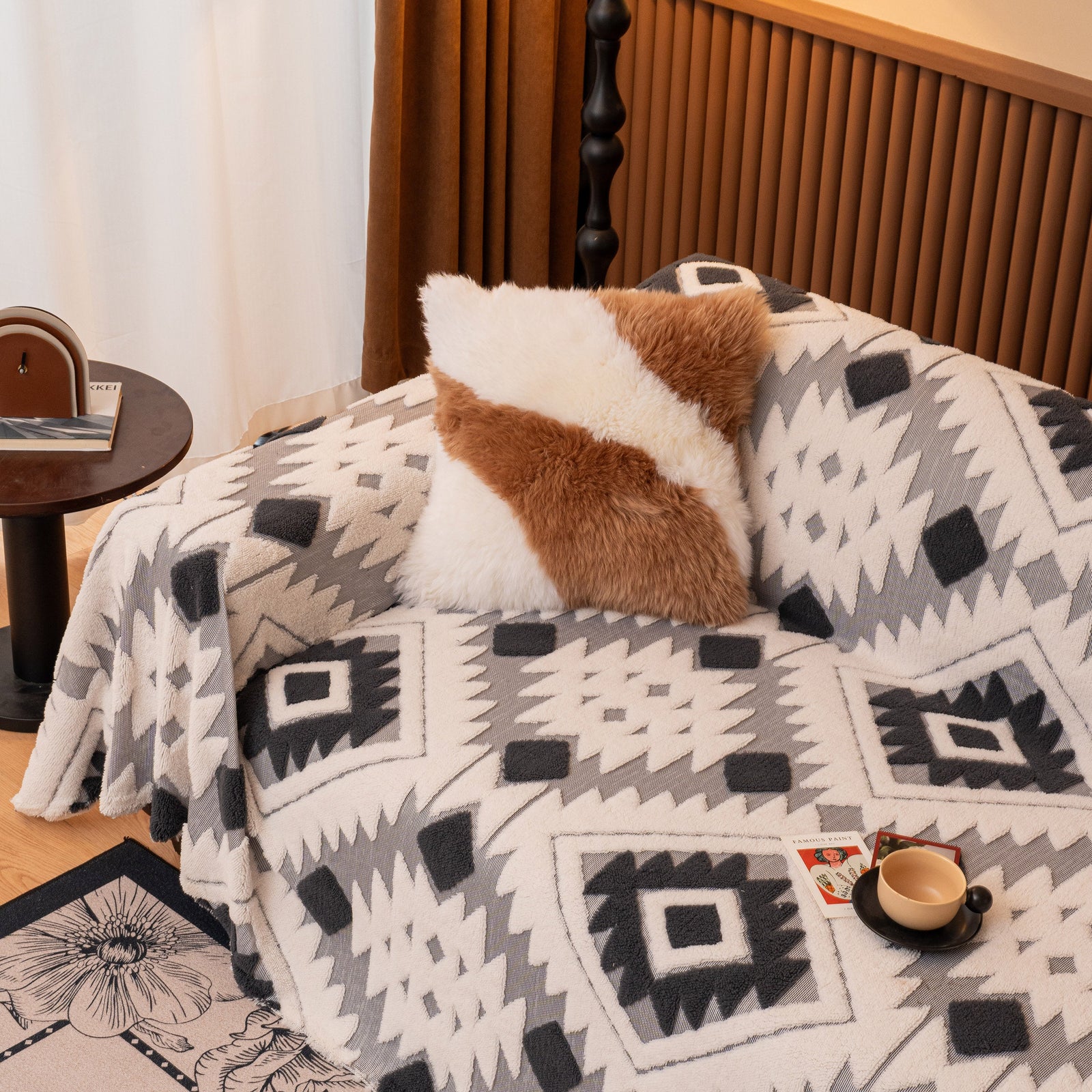 Bohemian Tufted Sofa Cover, Soft Sherpa Fleece Throw Blanket with 3D Aztec Geometric
