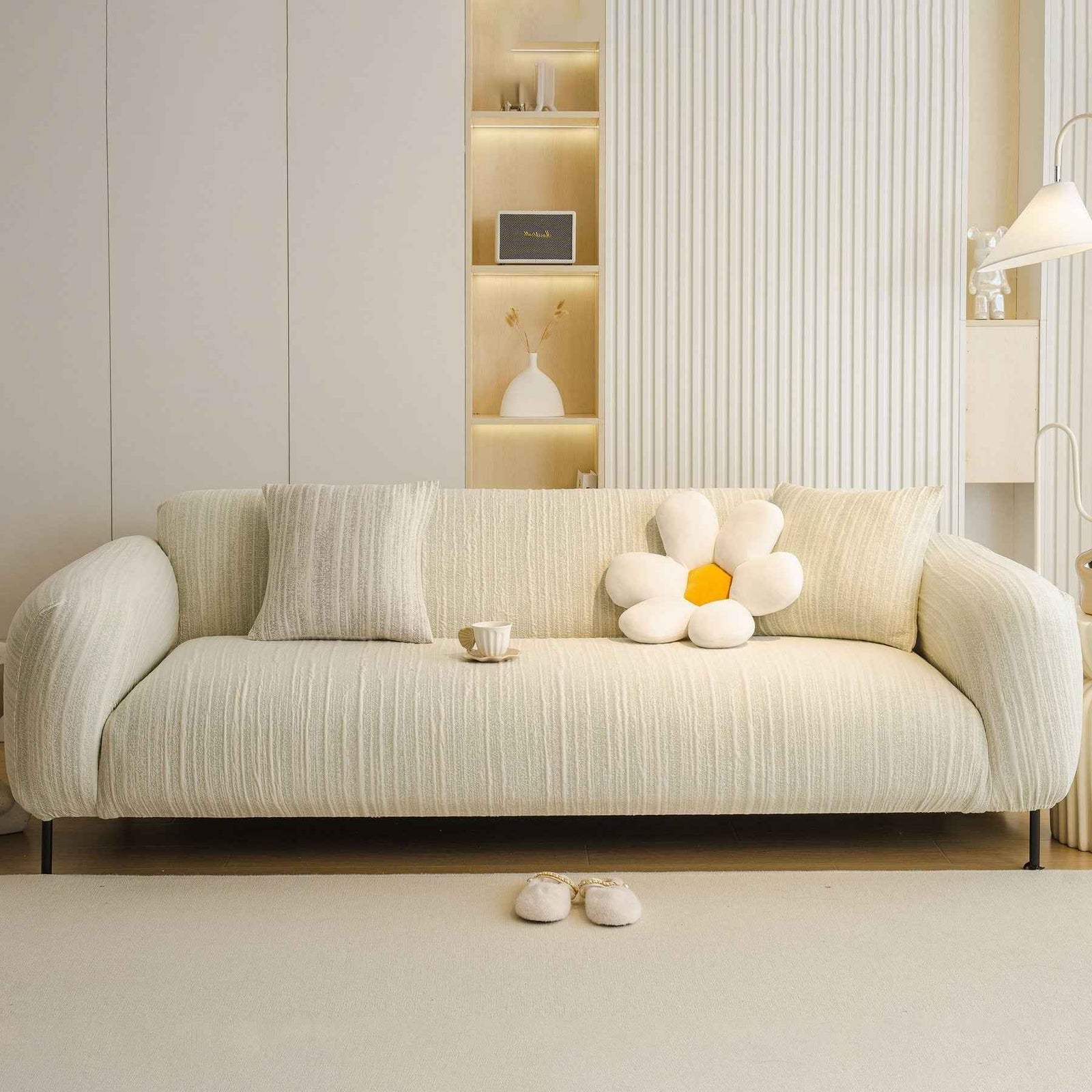 Ribbed Washable Sofa Cover, High Stretch Striped Couch Slipcover with Tie Straps