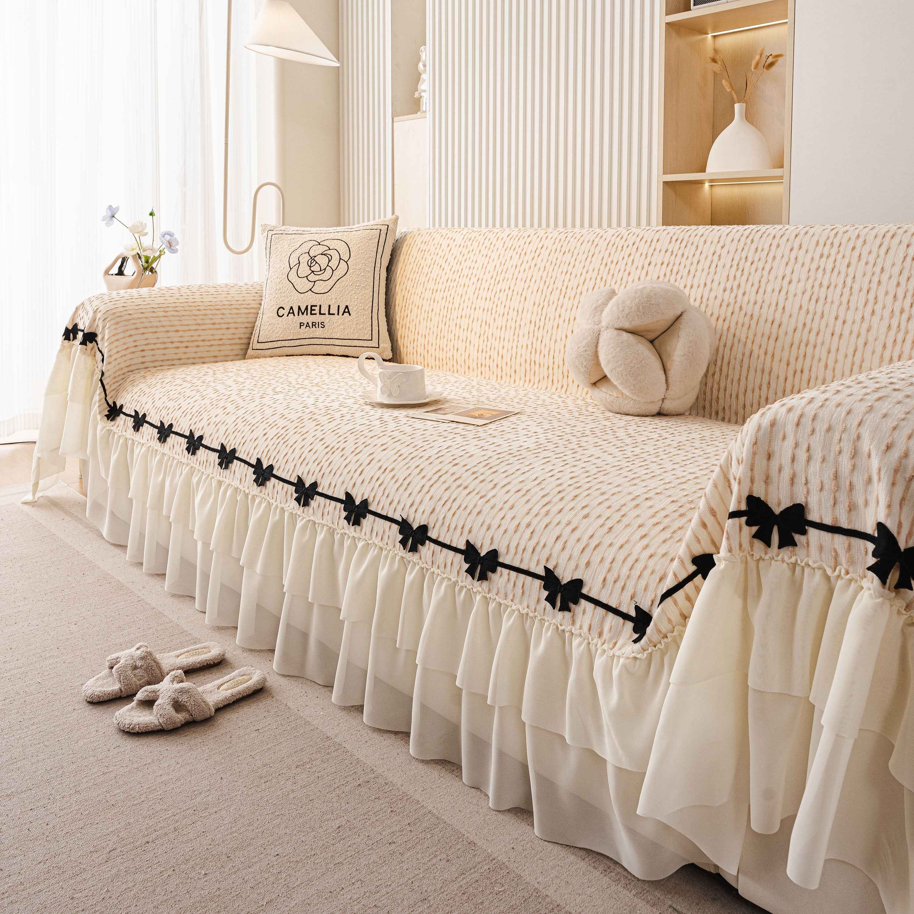 Ruffled Sofa Cover with Bowknot Decor, French Country Style Skirted Couch Slipcover