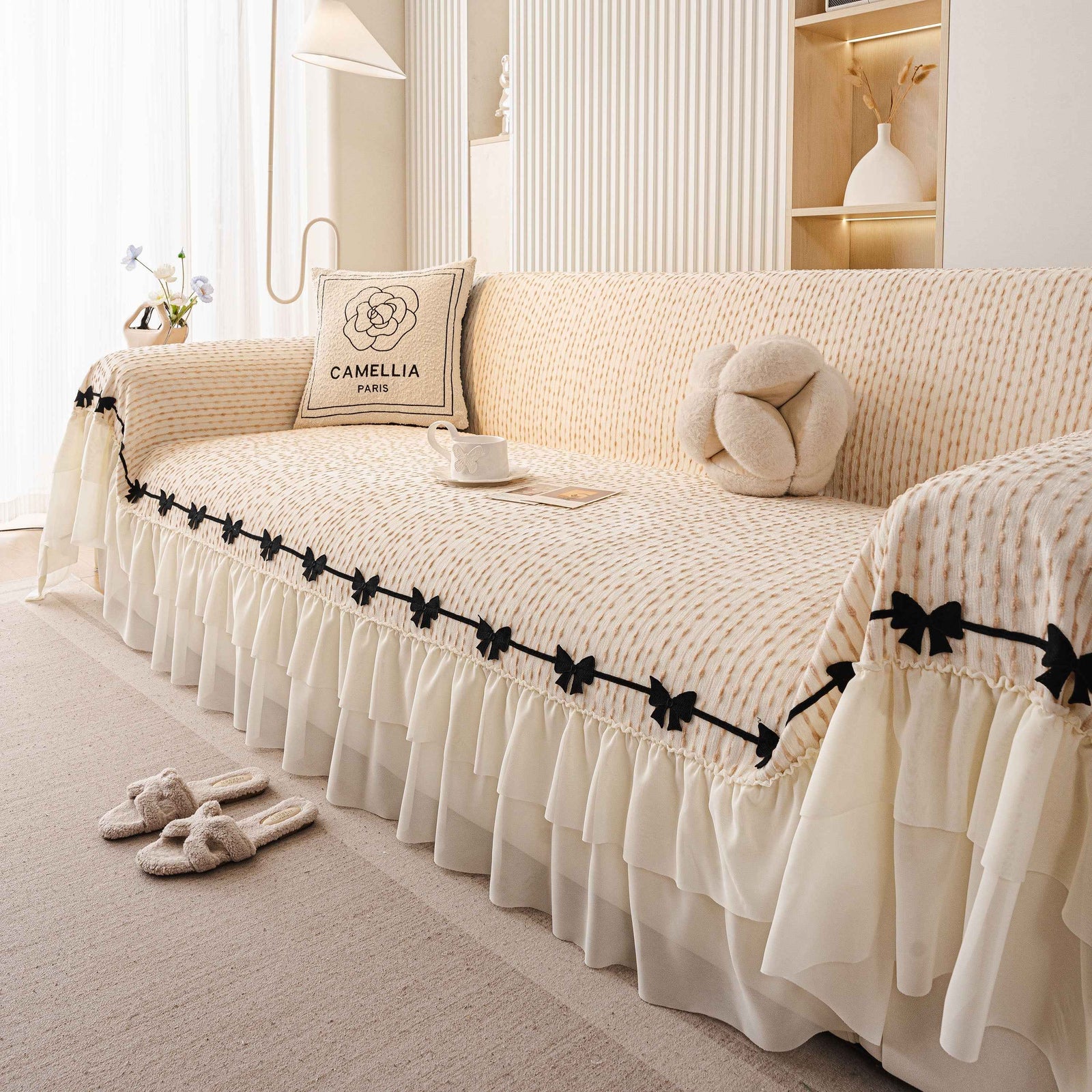 Ruffled Sofa Cover with Bowknot Decor, French Country Style Skirted Couch Slipcover
