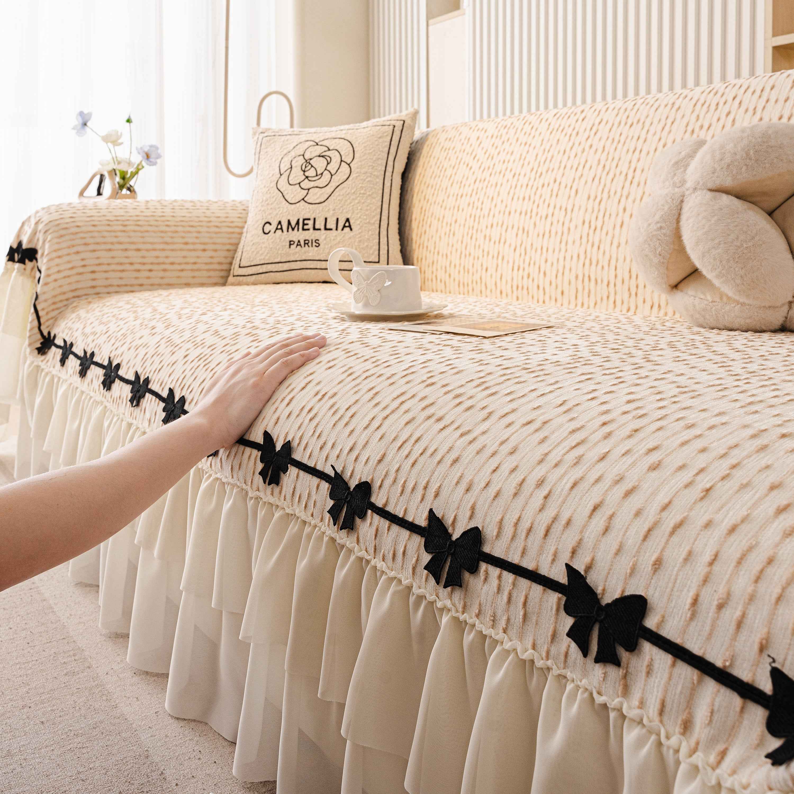 Ruffled Sofa Cover with Bowknot Decor, French Country Style Skirted Couch Slipcover