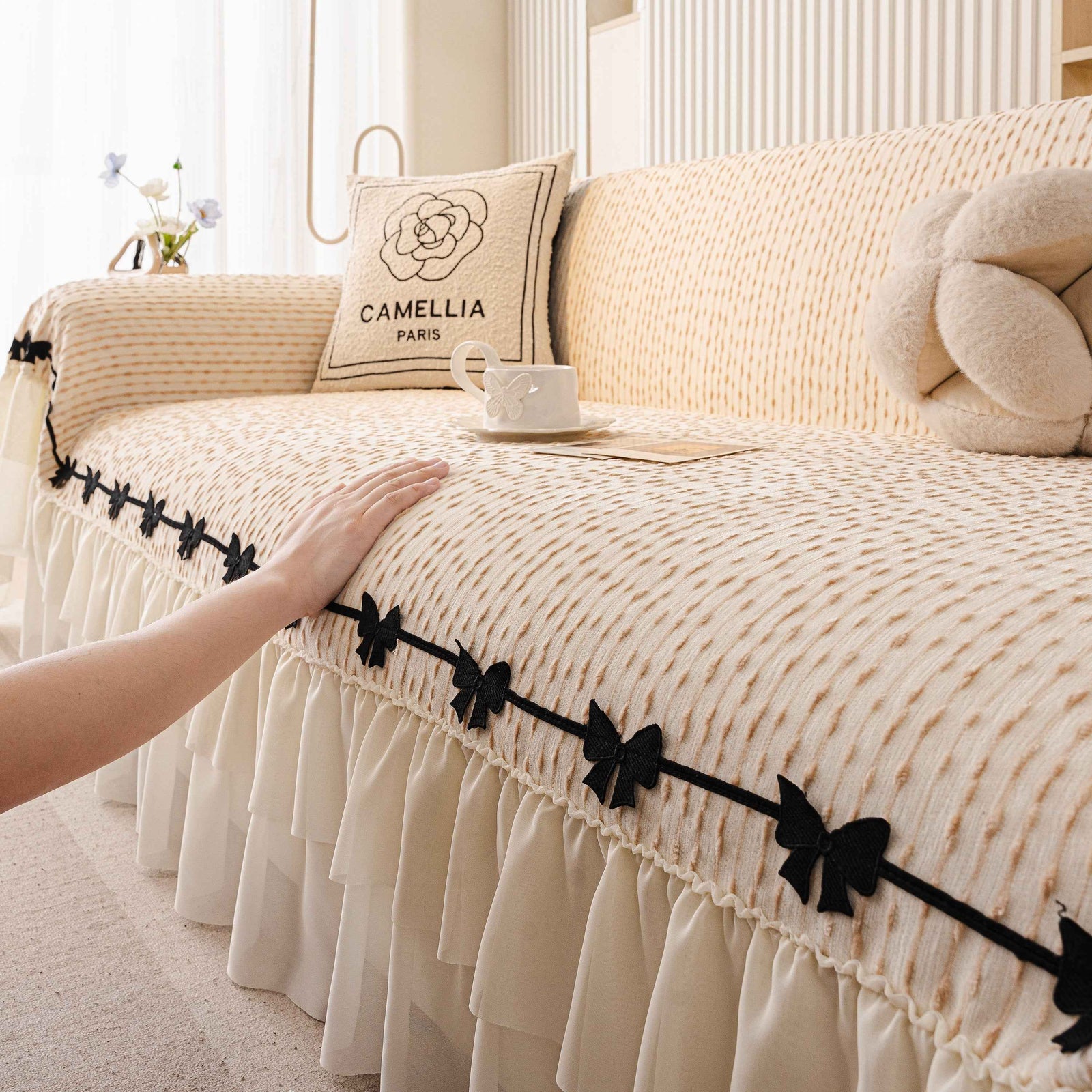 Ruffled Sofa Cover with Bowknot Decor, French Country Style Skirted Couch Slipcover