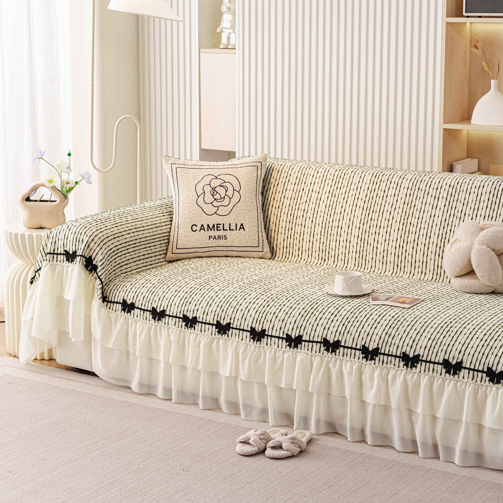 Ruffled Sofa Cover with Bowknot Decor, French Country Style Skirted Couch Slipcover