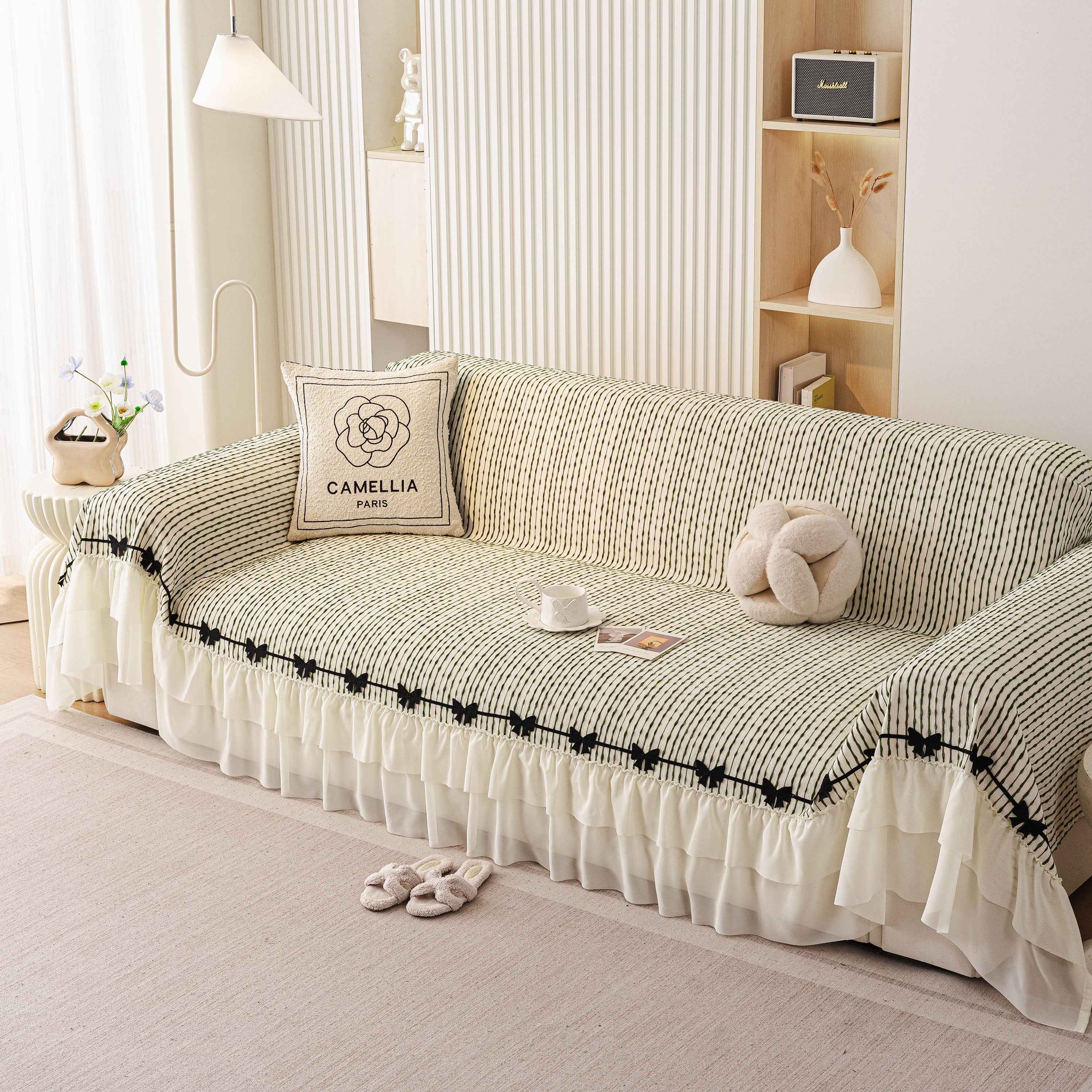 Ruffled Sofa Cover with Bowknot Decor, French Country Style Skirted Couch Slipcover