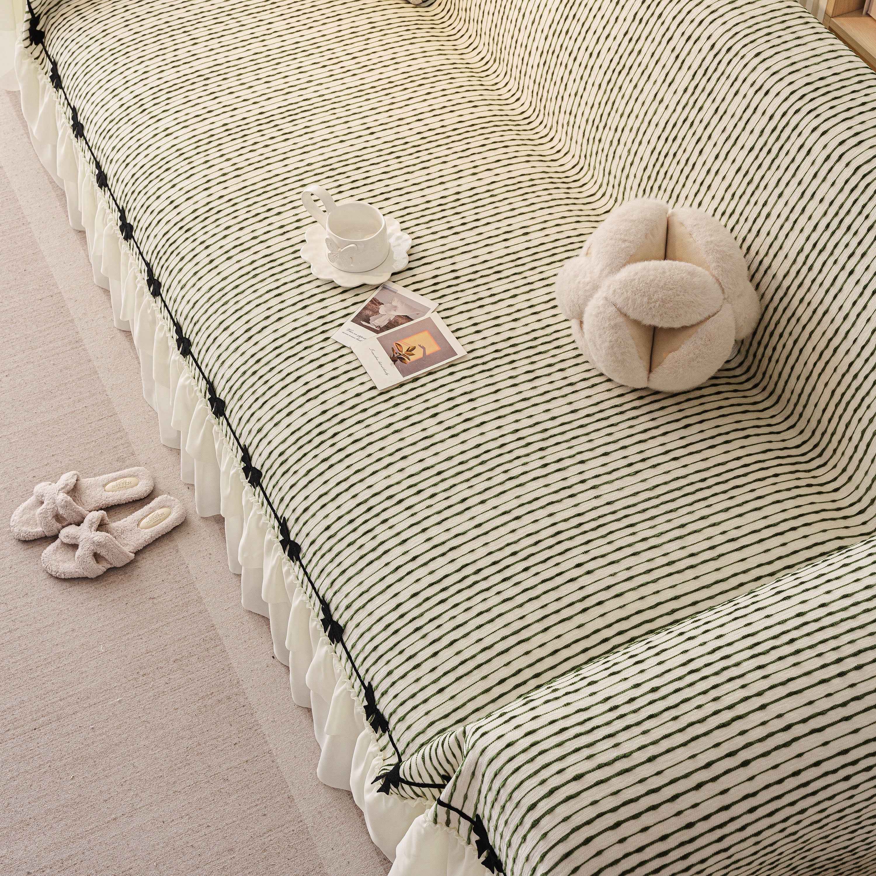 Ruffled Sofa Cover with Bowknot Decor, French Country Style Skirted Couch Slipcover
