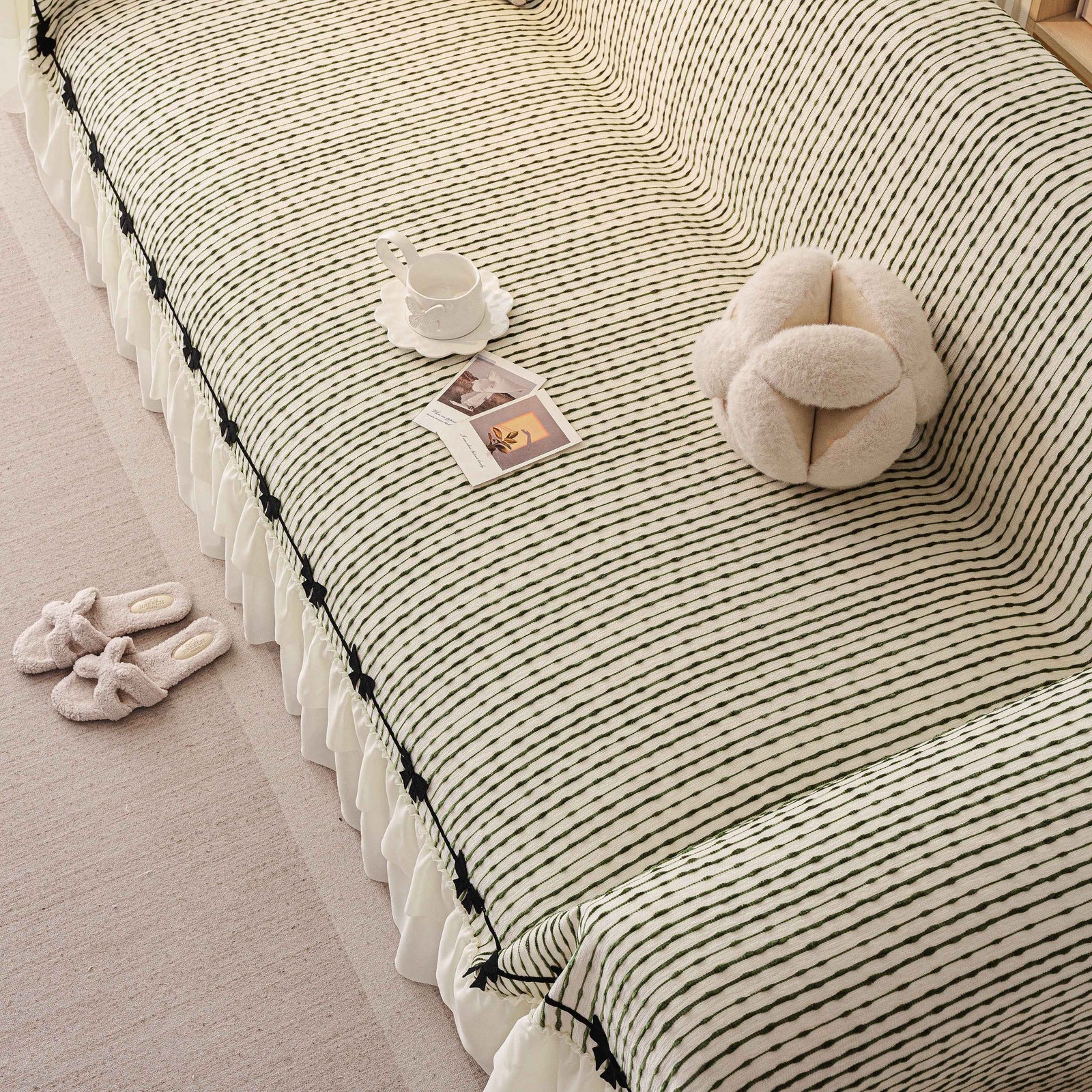 Ruffled Sofa Cover with Bowknot Decor, French Country Style Skirted Couch Slipcover