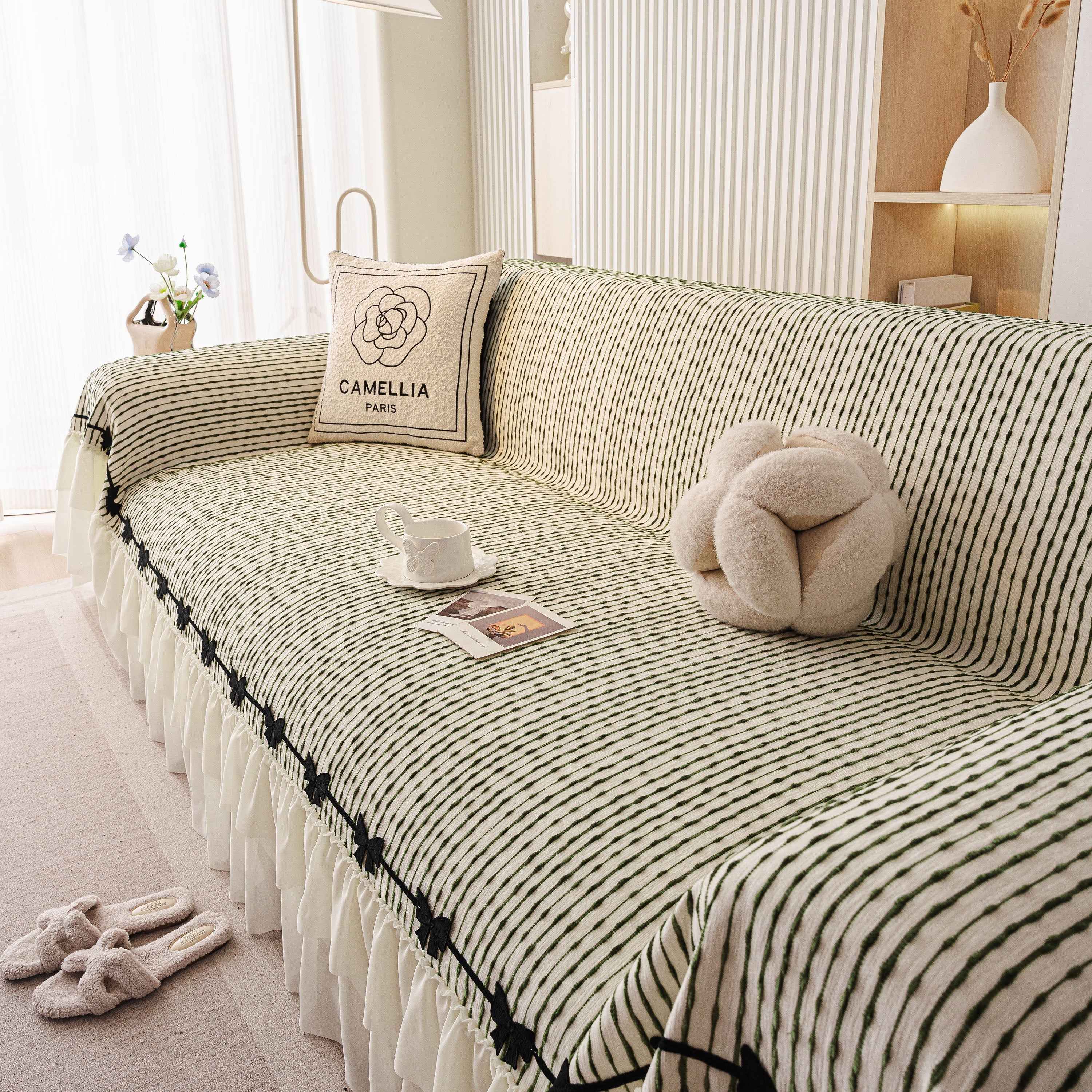 Ruffled Sofa Cover with Bowknot Decor, French Country Style Skirted Couch Slipcover