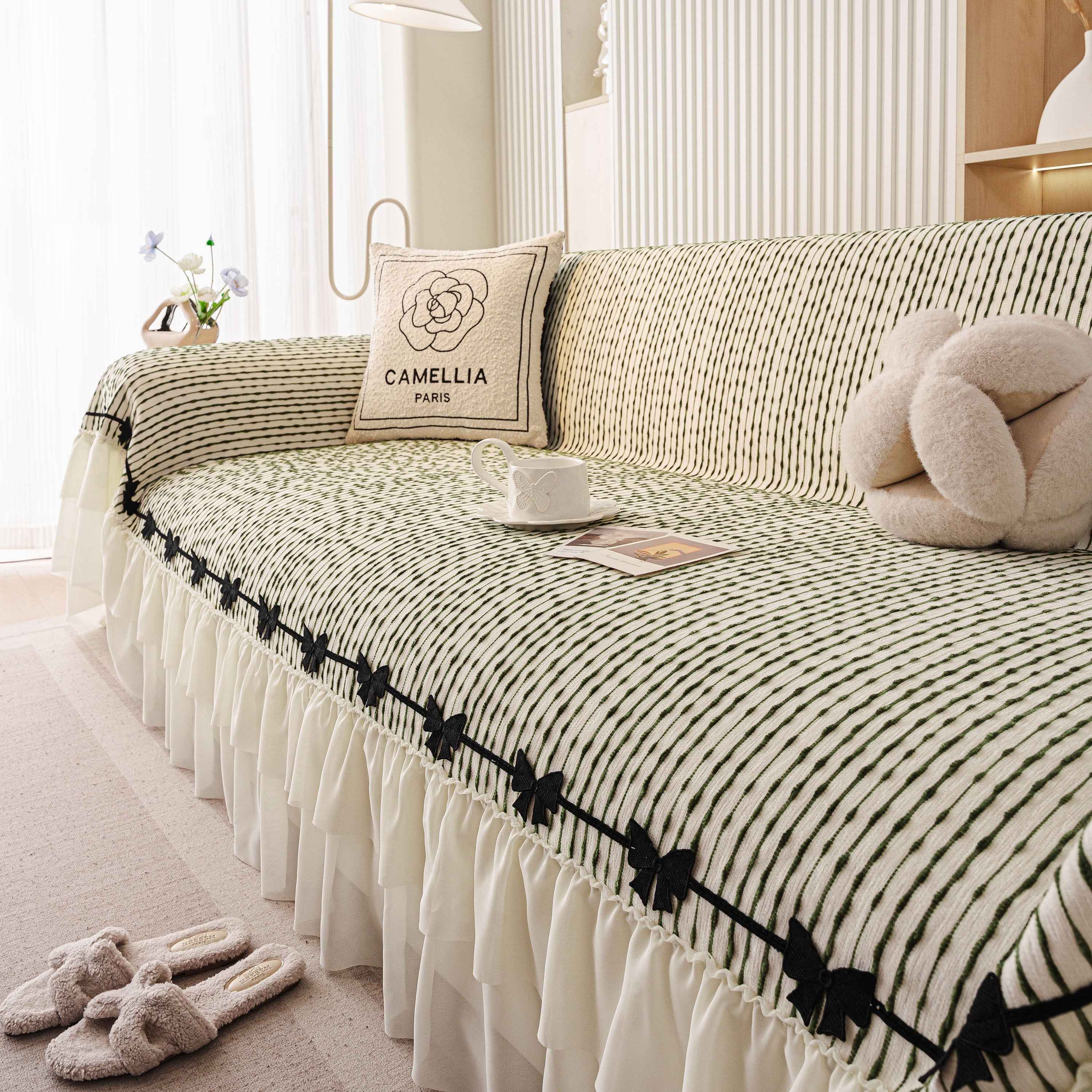 Ruffled Sofa Cover with Bowknot Decor, French Country Style Skirted Couch Slipcover