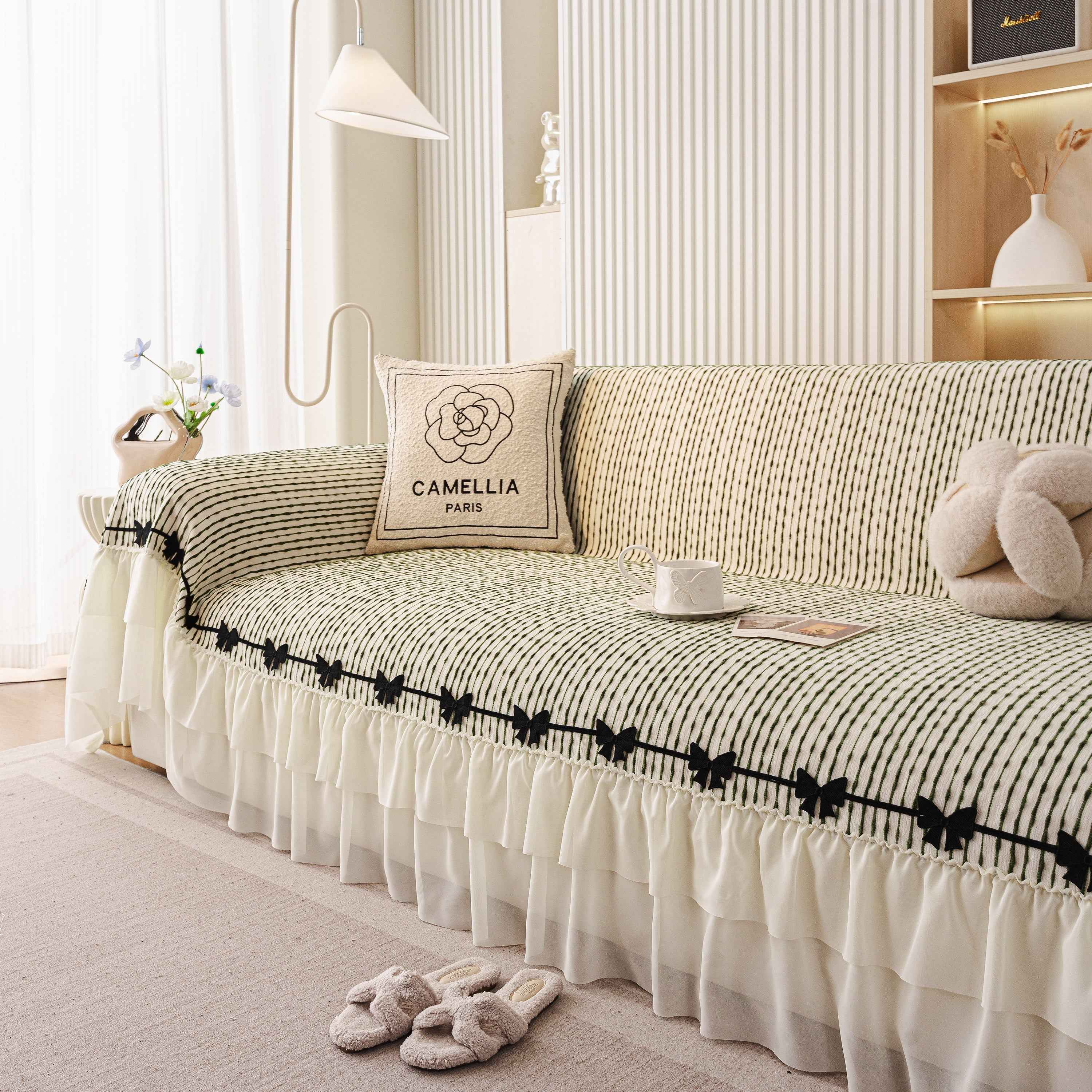 Ruffled Sofa Cover with Bowknot Decor, French Country Style Skirted Couch Slipcover