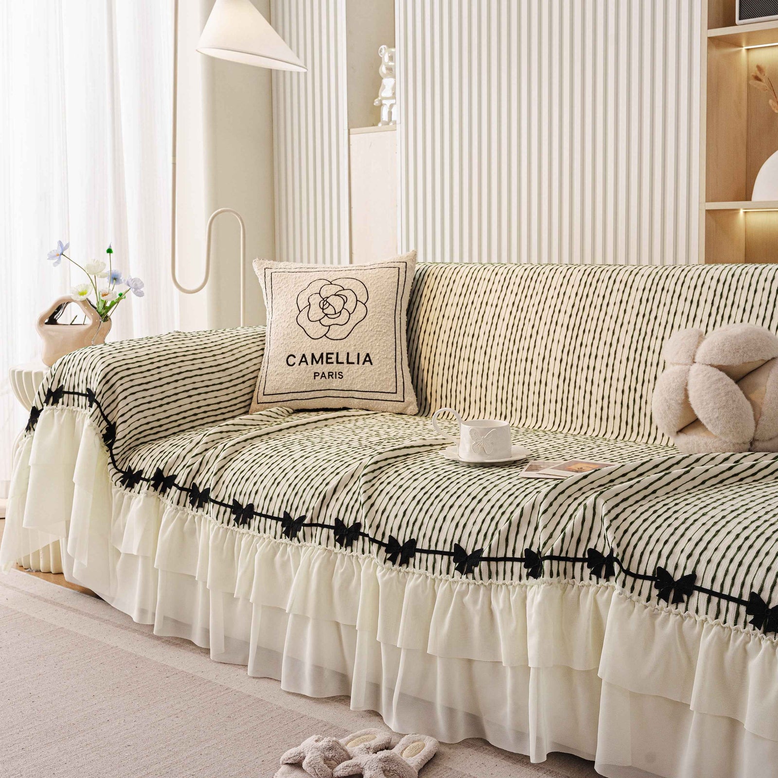 Ruffled Sofa Cover with Bowknot Decor, French Country Style Skirted Couch Slipcover