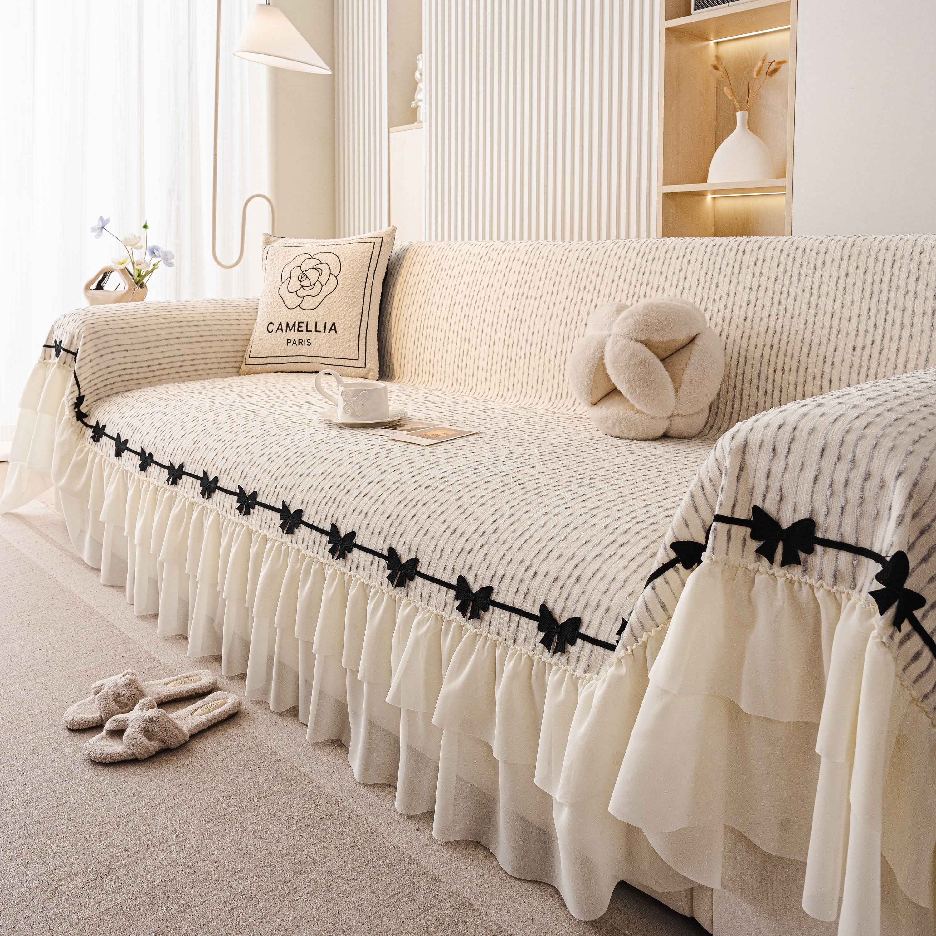 Ruffled Sofa Cover with Bowknot Decor, French Country Style Skirted Couch Slipcover