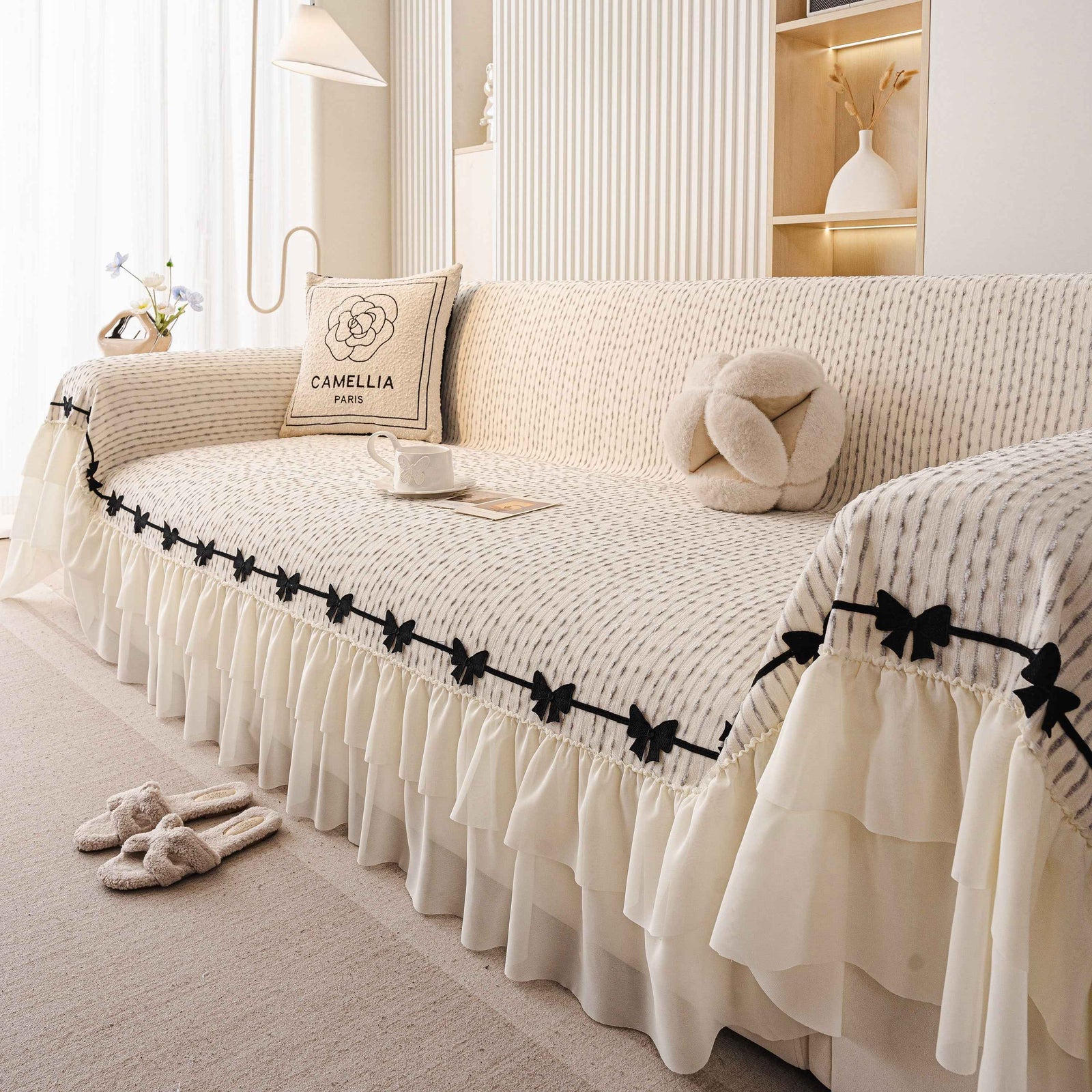 Ruffled Sofa Cover with Bowknot Decor, French Country Style Skirted Couch Slipcover