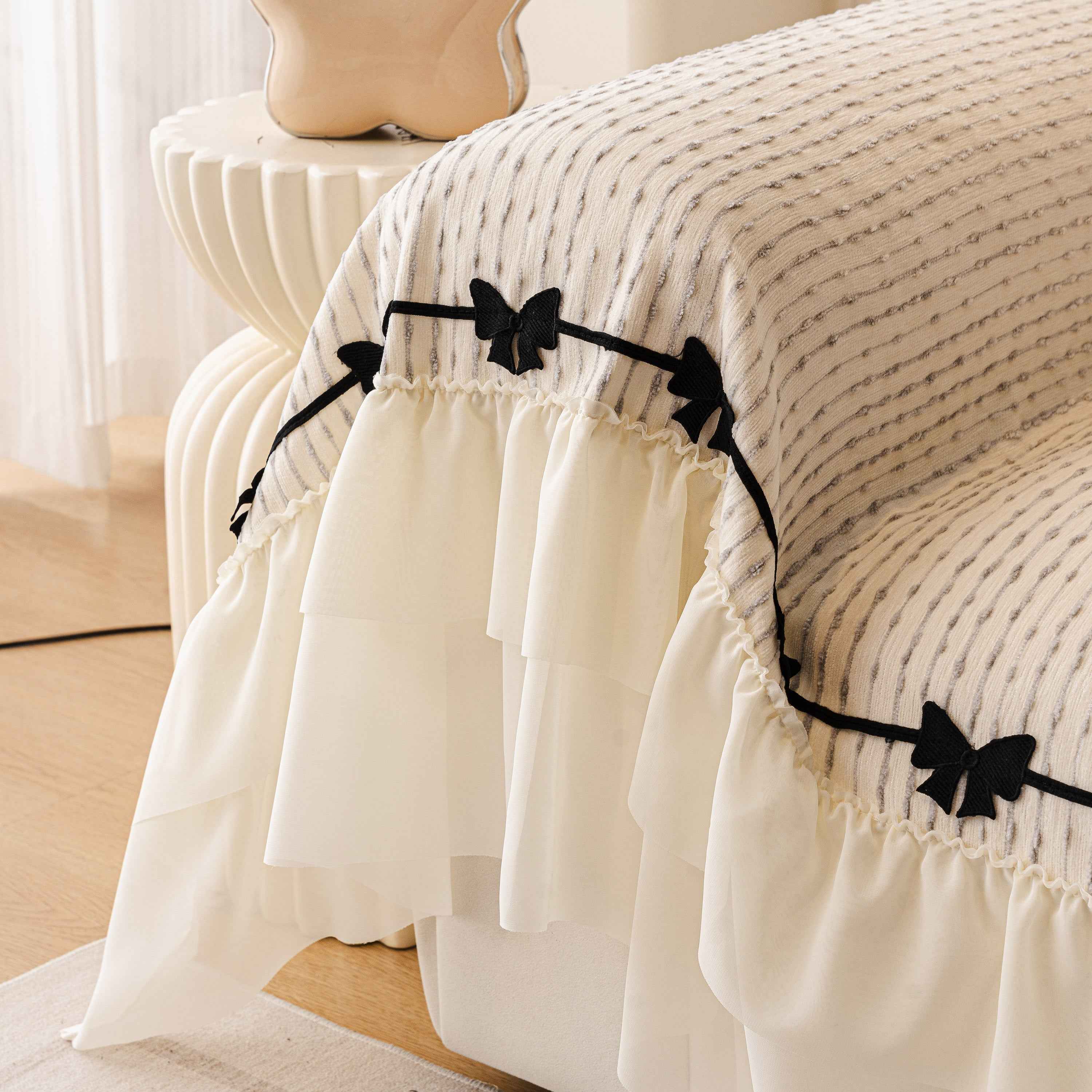 Ruffled Sofa Cover with Bowknot Decor, French Country Style Skirted Couch Slipcover