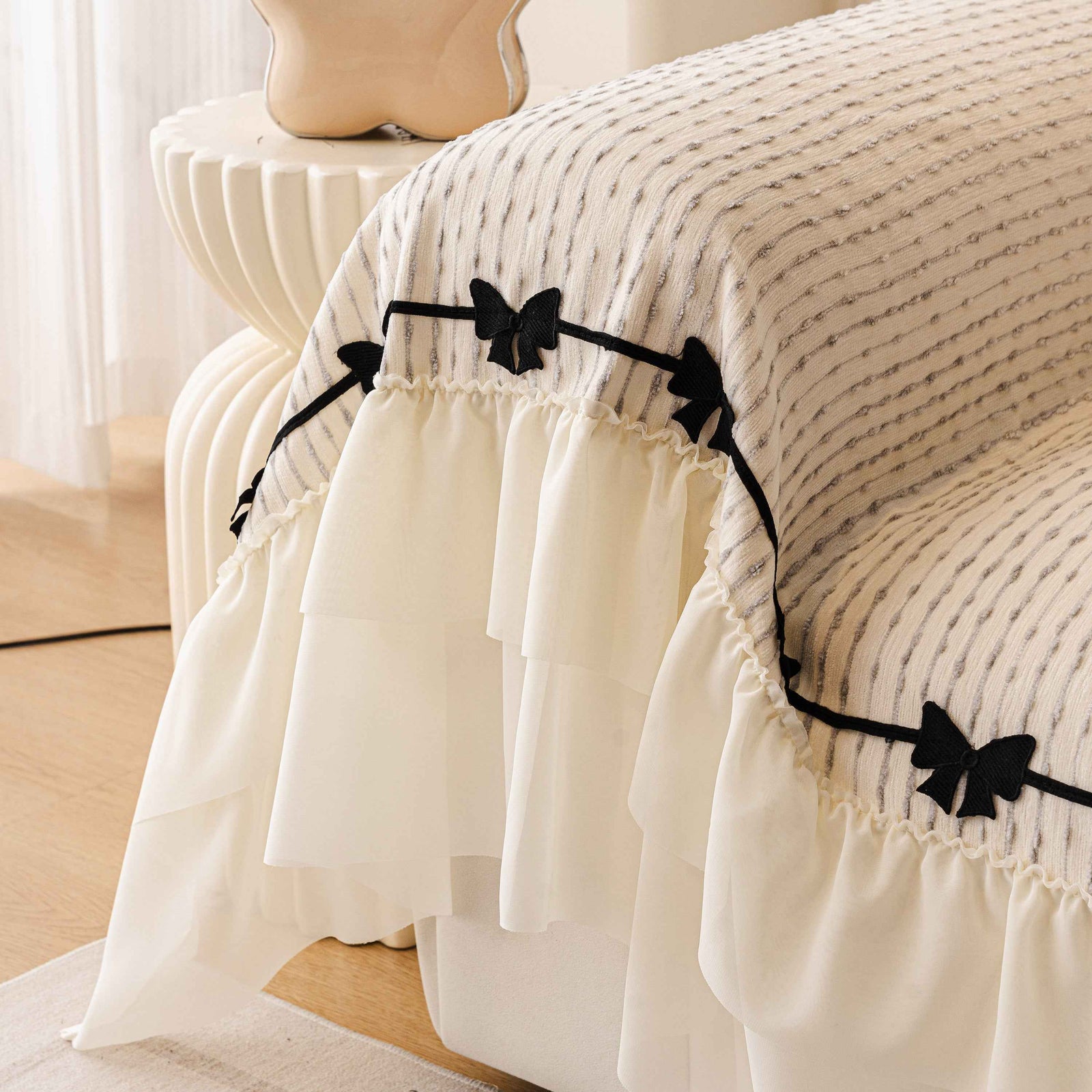 Ruffled Sofa Cover with Bowknot Decor, French Country Style Skirted Couch Slipcover