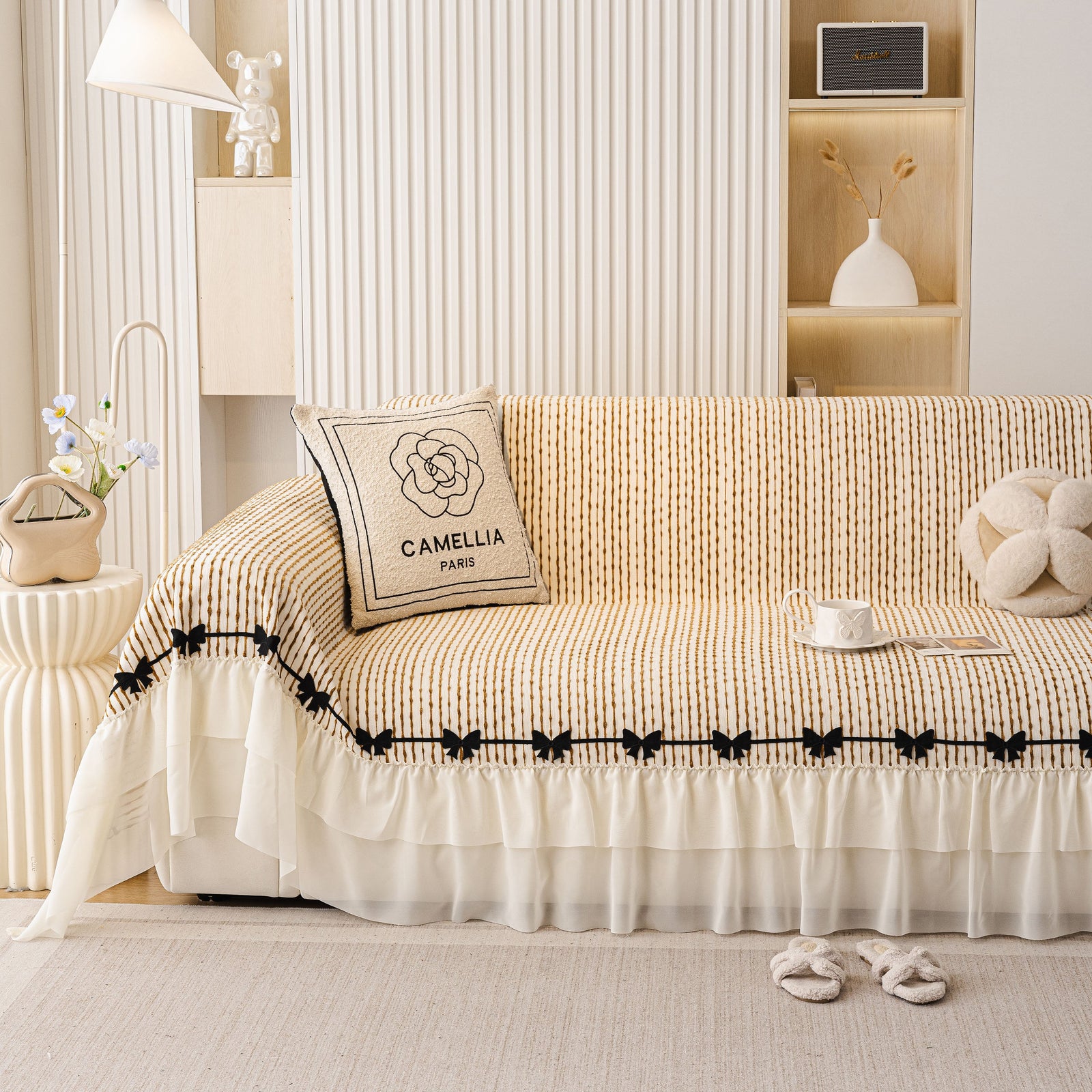 Ruffled Sofa Cover with Bowknot Decor, French Country Style Skirted Couch Slipcover