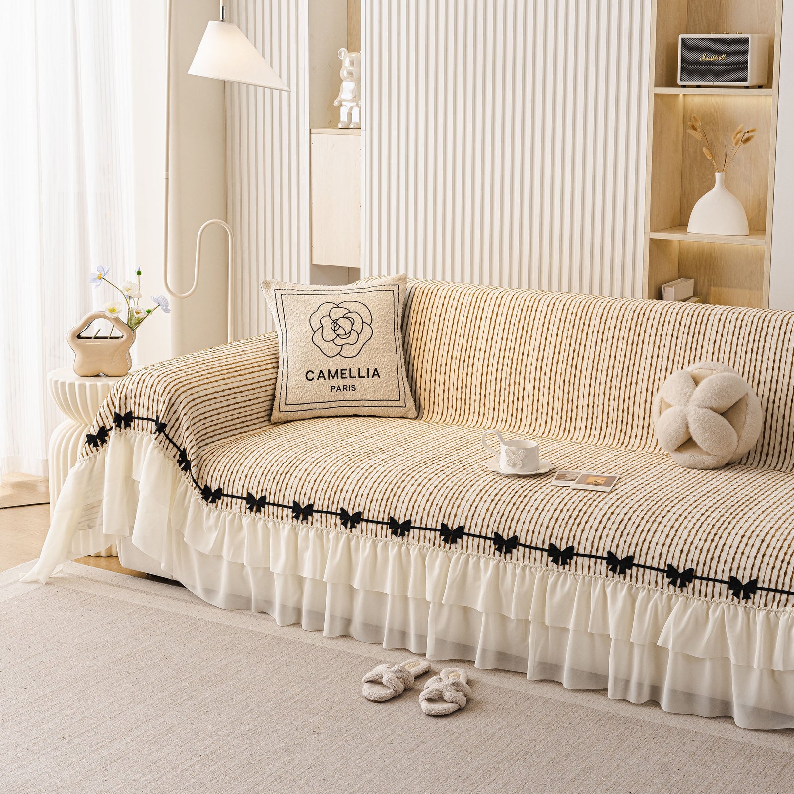 Ruffled Sofa Cover with Bowknot Decor, French Country Style Skirted Couch Slipcover