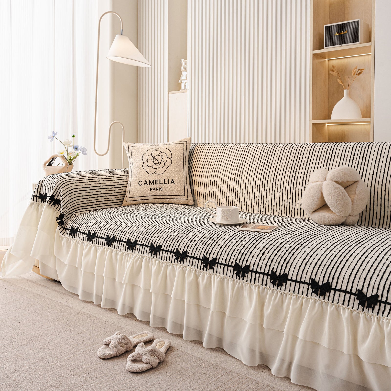 Ruffled Sofa Cover with Bowknot Decor, French Country Style Skirted Couch Slipcover