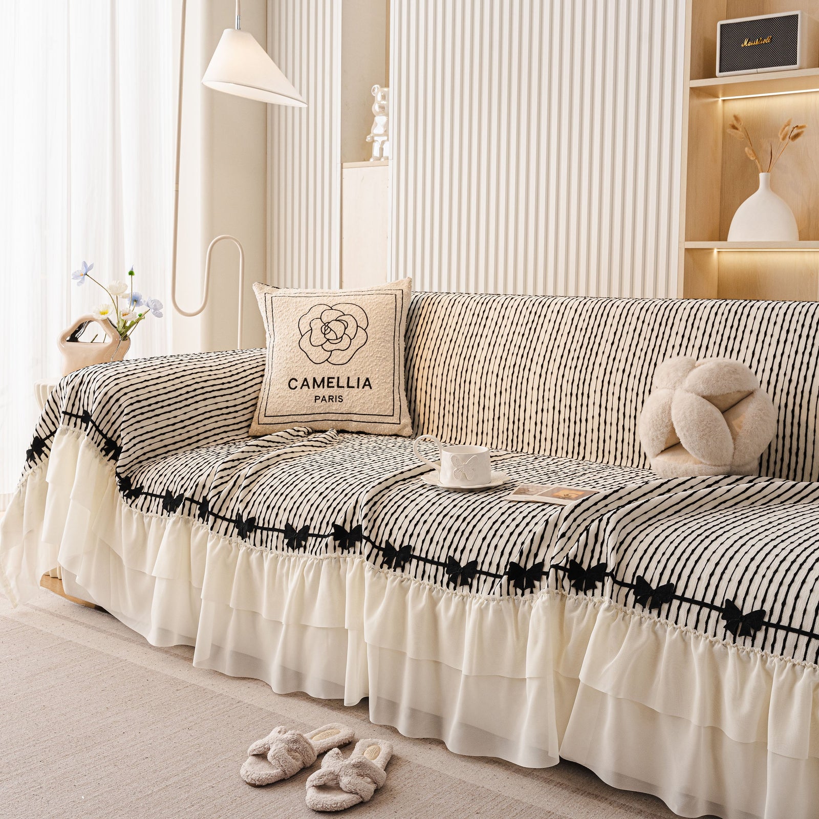 Ruffled Sofa Cover with Bowknot Decor, French Country Style Skirted Couch Slipcover