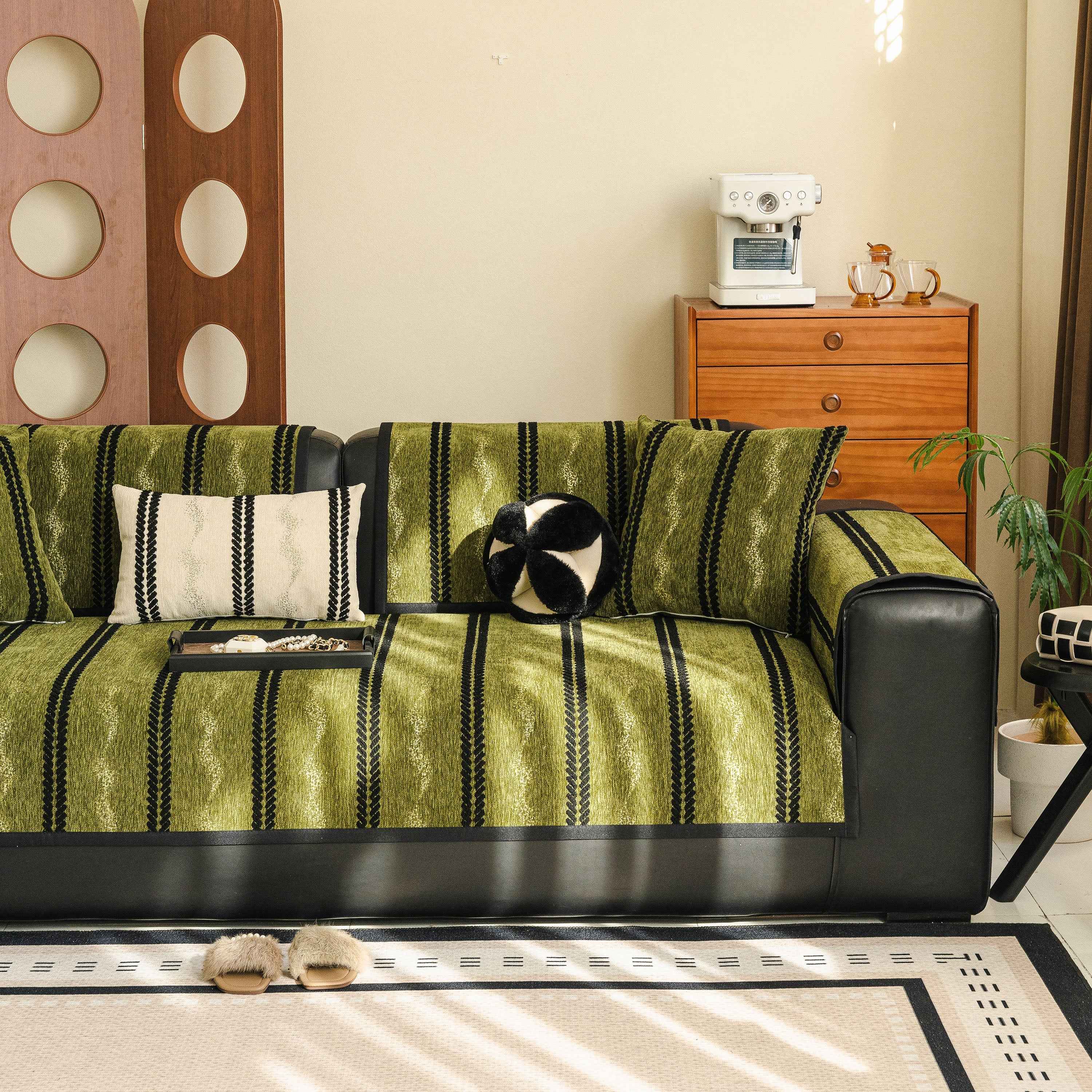 Non-Slip Sofa Cover with Thick Chenille Texture Woven Stripe Couch Protector Throw