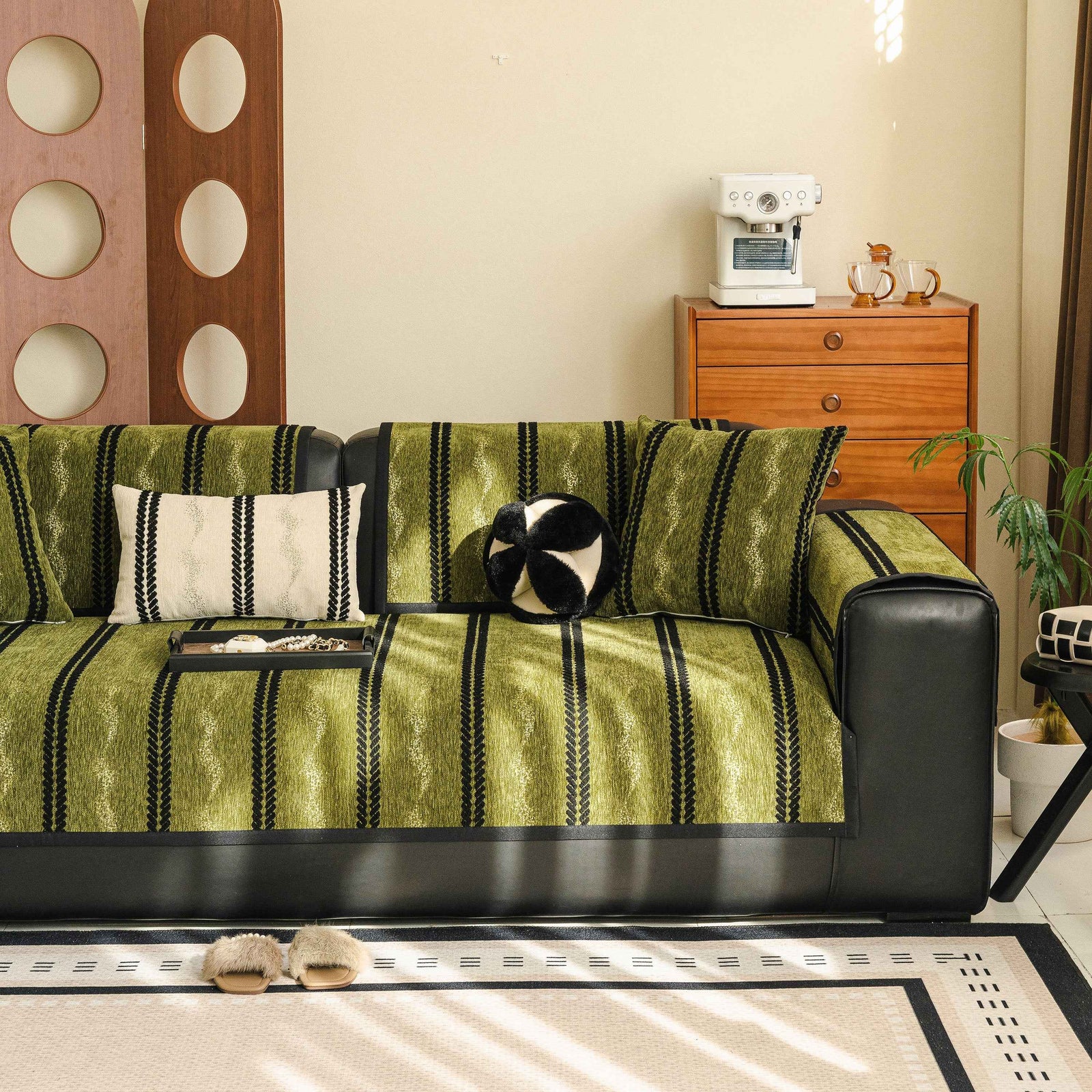 Non-Slip Sofa Cover with Thick Chenille Texture Woven Stripe Couch Protector Throw
