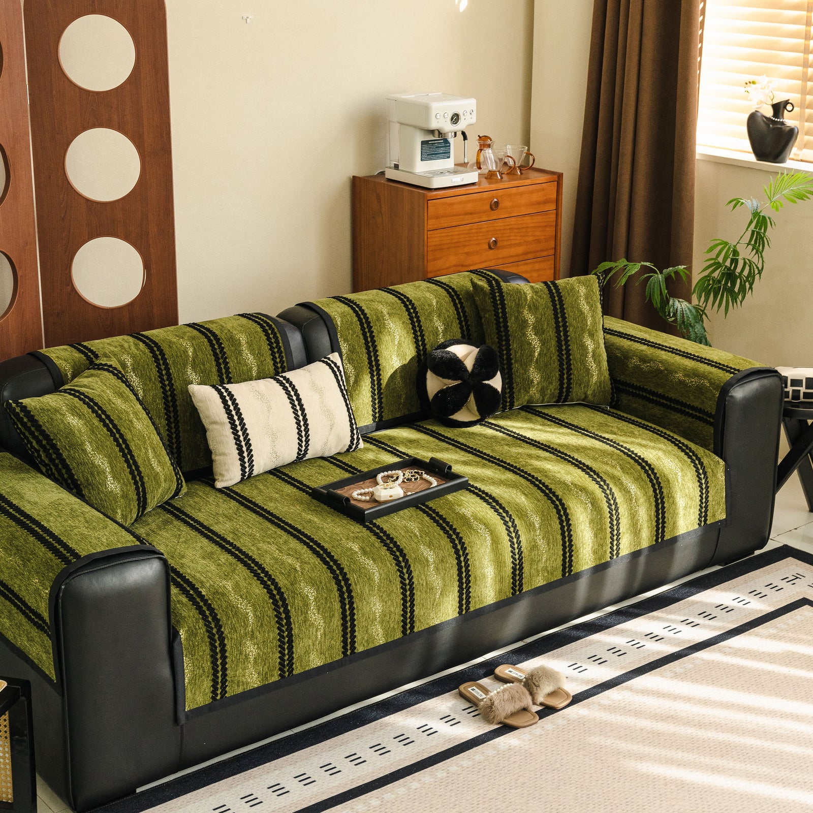 Non-Slip Sofa Cover with Thick Chenille Texture Woven Stripe Couch Protector Throw